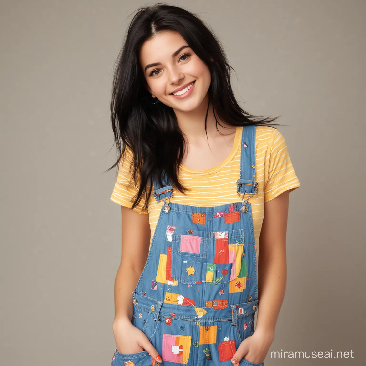 a 20-year-old white woman, with a cute face, with long, straight black hair, smiling, wearing colorful overalls