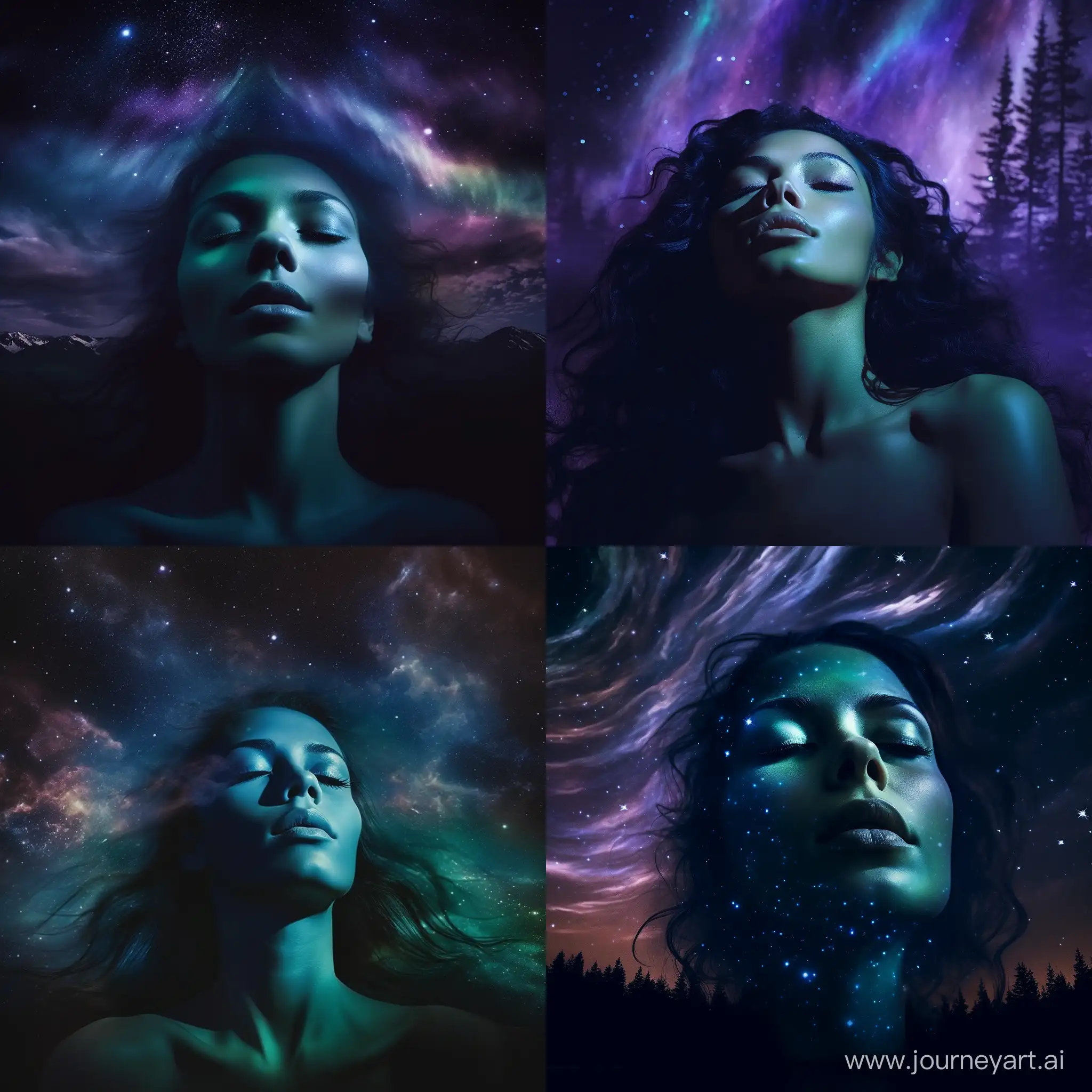 Night sky with stars depicting a woman's face with aurora borealis