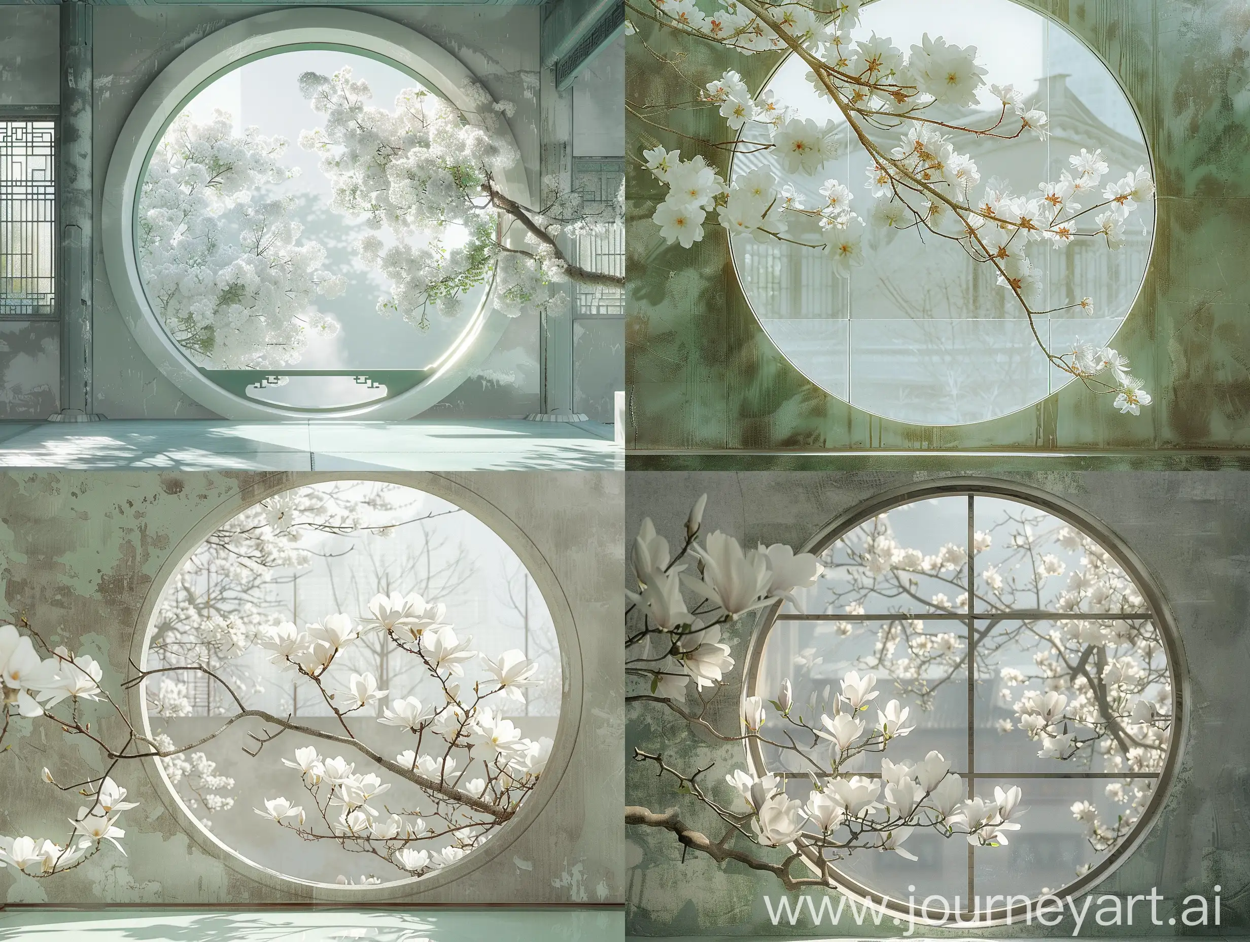 Beijing-East-Village-Style-Round-Window-with-White-Blossoms