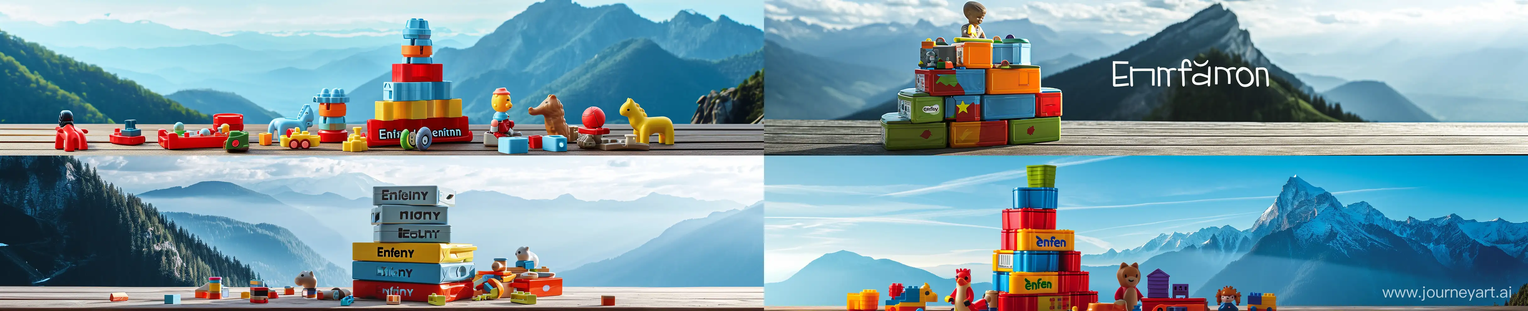  Enfant brand children's sets, stacked on top of each other, many pieces on a wooden table with a massive view from the mountain
--aspect 44:9