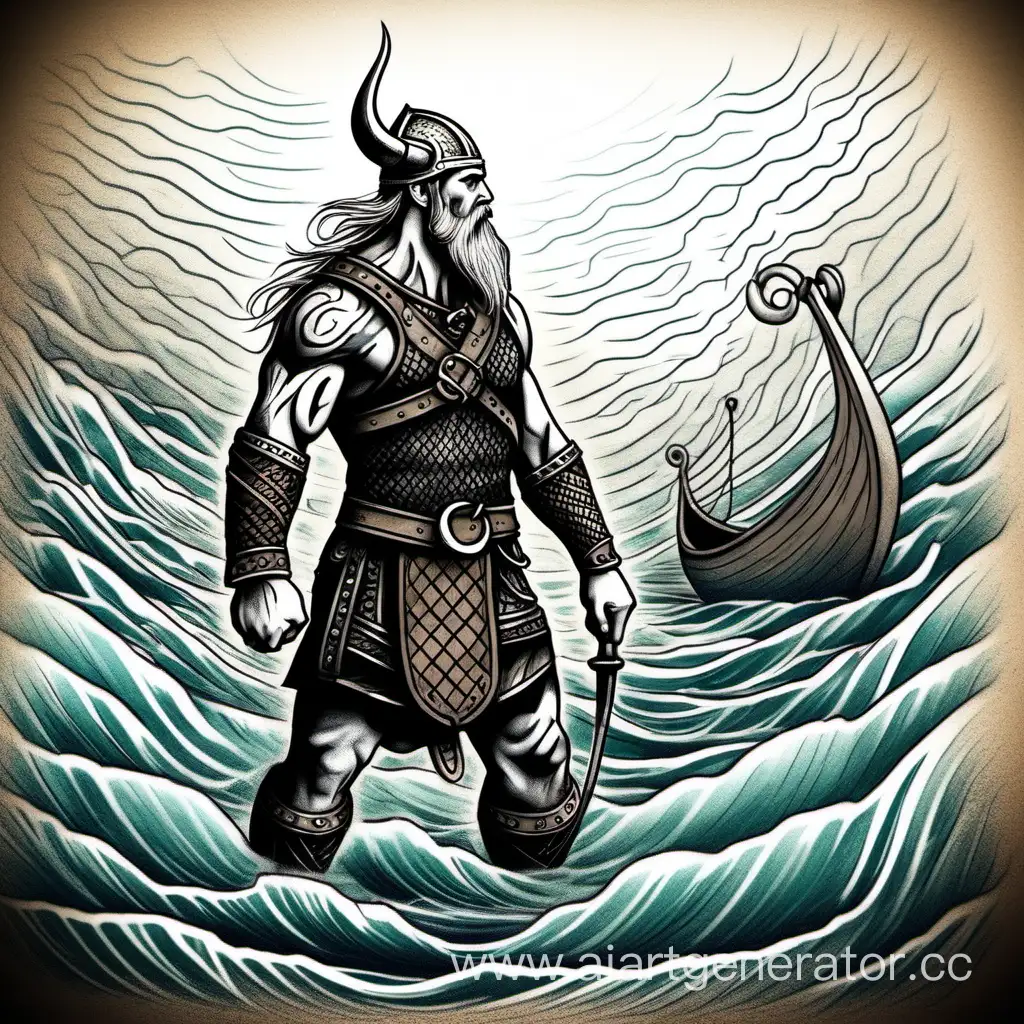 Viking-Tattoo-Sketch-Warrior-Standing-on-Drakkar-at-Sea