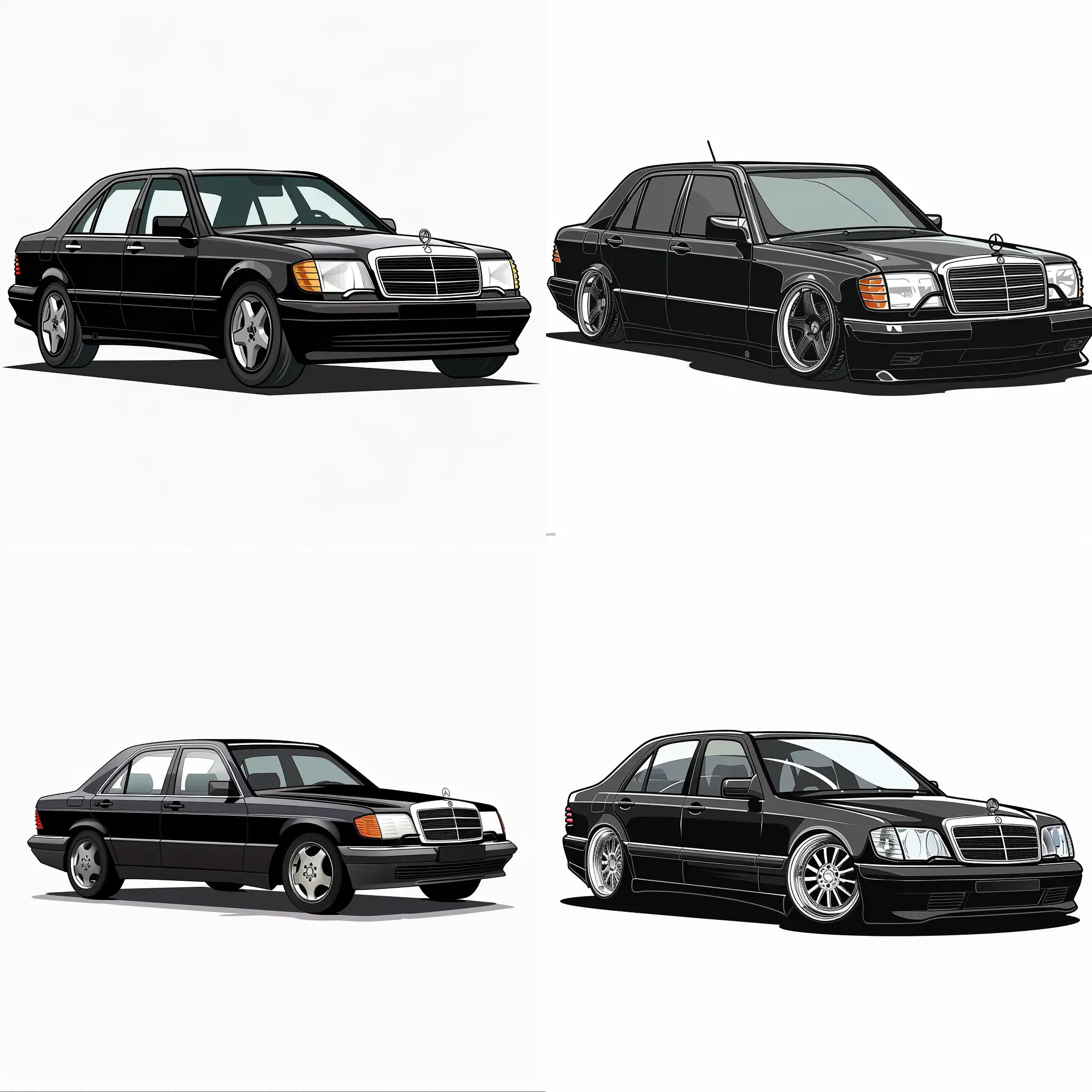 Minimalism 2D Car Gesture View Illustration of: Black Mercedes Benz W140 S320, Simple White Background, Adobe Illustrator Software, High Quality 