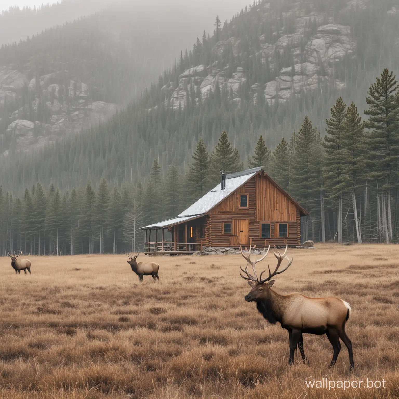 Minimalist-Elk-Standing-by-Rustic-Cabin
