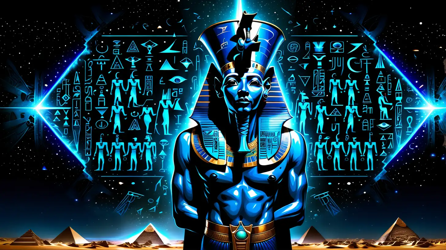 Dark outer space Background, ET Egyptian Male God, long, blue contemporary coat with illuminated hieroglyphics all over it, wearing a tall, blue, inverted conical headpiece, also with illuminated heirglyphs