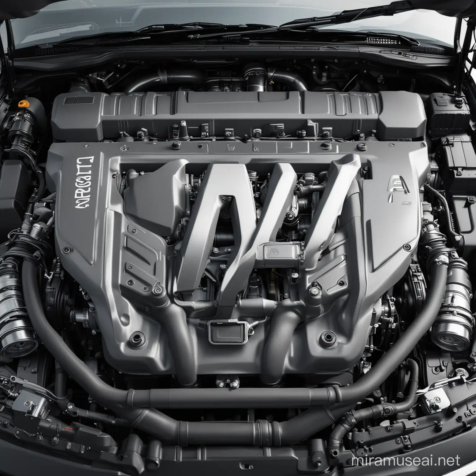 realistic style view of the engine under the hood of the car where the engine cover are folded into a letter A

