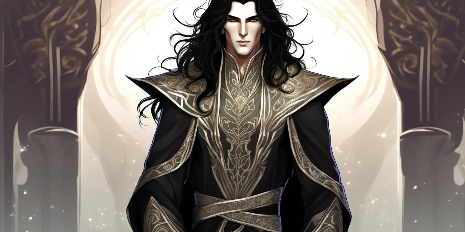 A male elf of exotic and alluring appearance. Long wavy ebony black hair, pale complexion. Graceful and toned build, intricate mage robes with high collar. With background