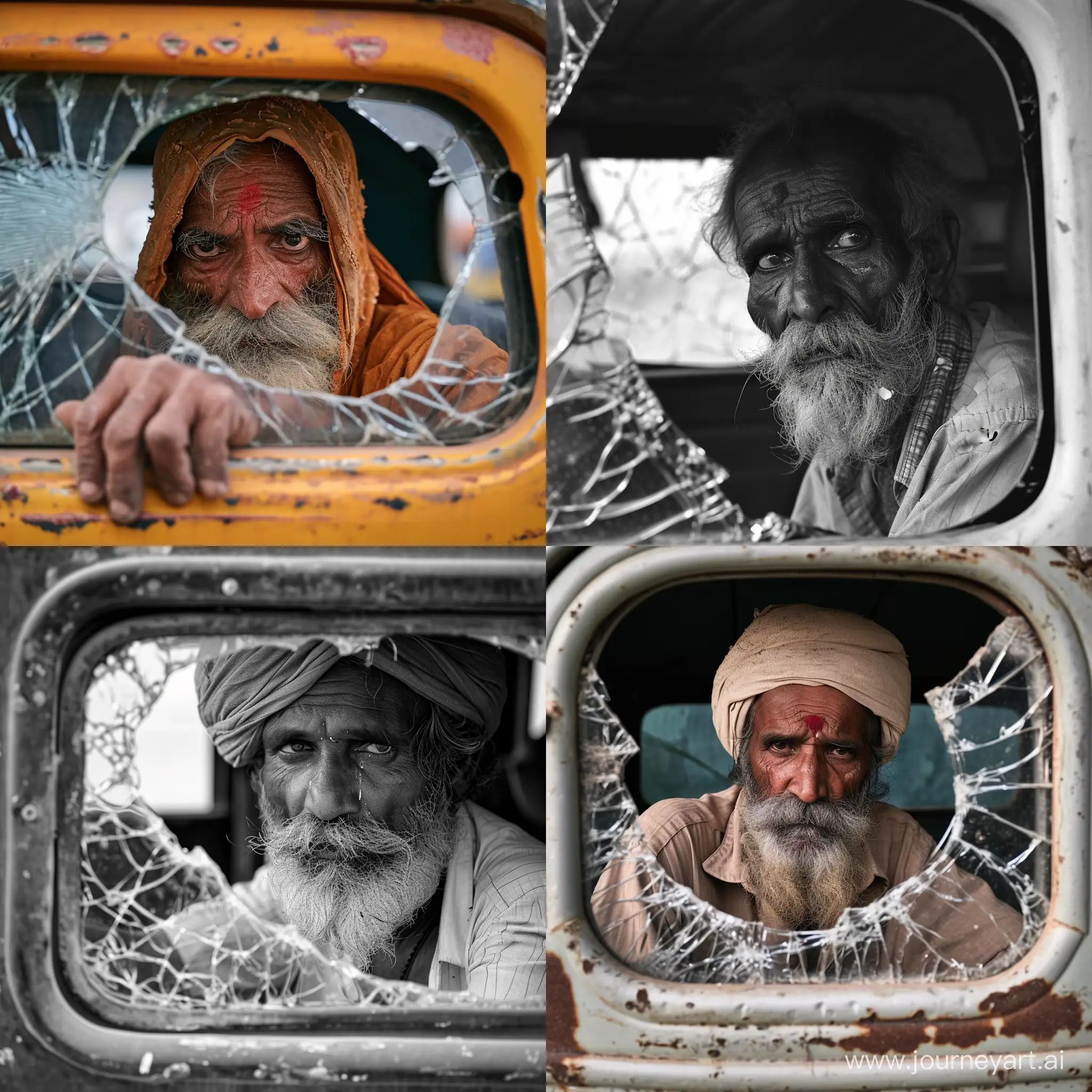 Old-Rabari-in-Rajasthan-India-Peering-Through-a-Broken-Car-Window