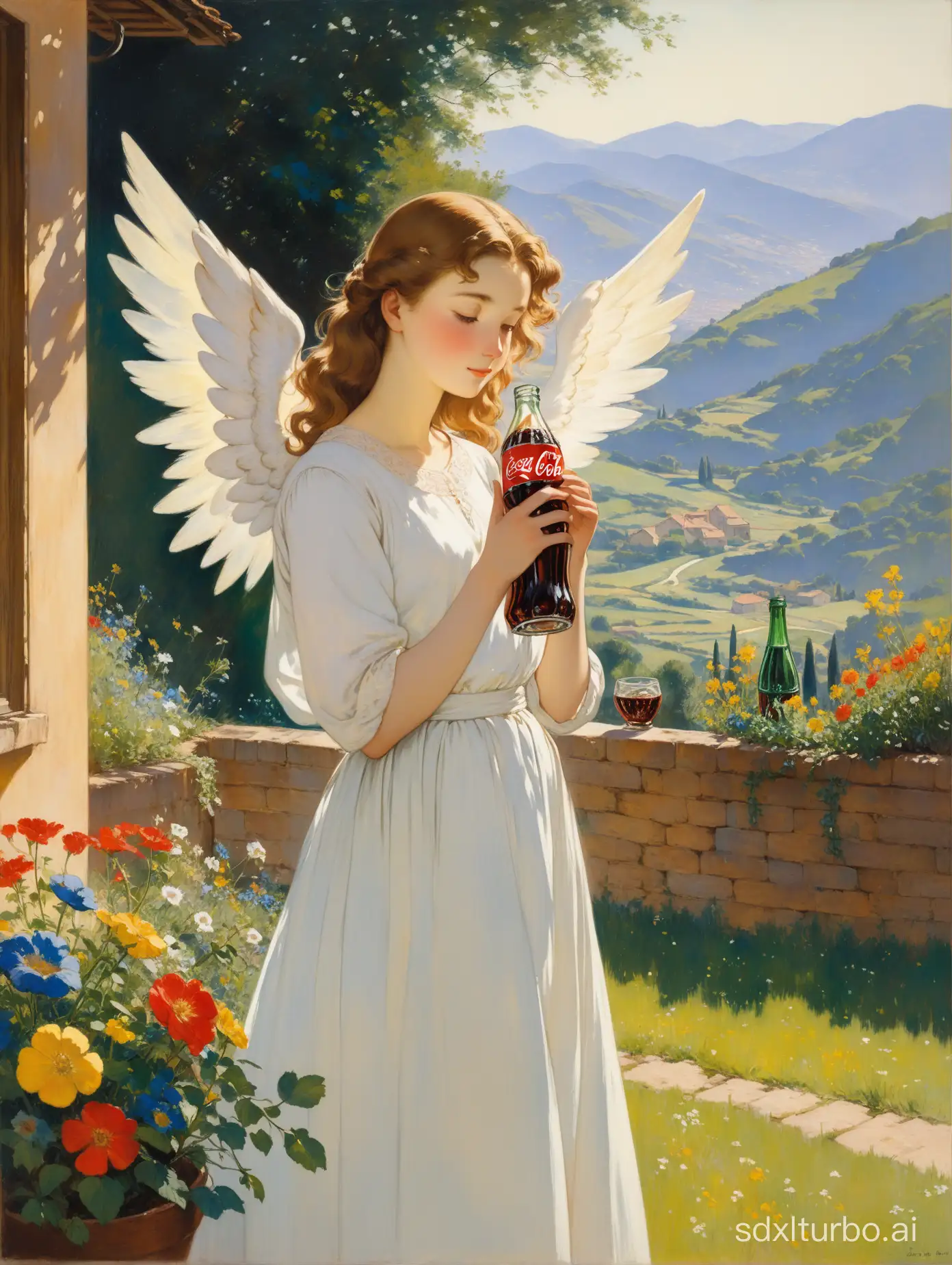 An angel with beautiful wings, majestic wings, wearing a long white dress, in the backyard of her house, drinking from a coca-cola glass bottle, Italy, 1950s, painting, impressionism, By John Everett Millais, https://www.wikiart.org/es/john-everett-millais, mountains, focus on the wings, warm colors, colors green yellow and blue on the background, flowers on the garden, natural light, sunlight, medium full shot, beautiful, painting, ethereal, Oil Paint, Golden Hour, Beautiful Lighting, Serene face