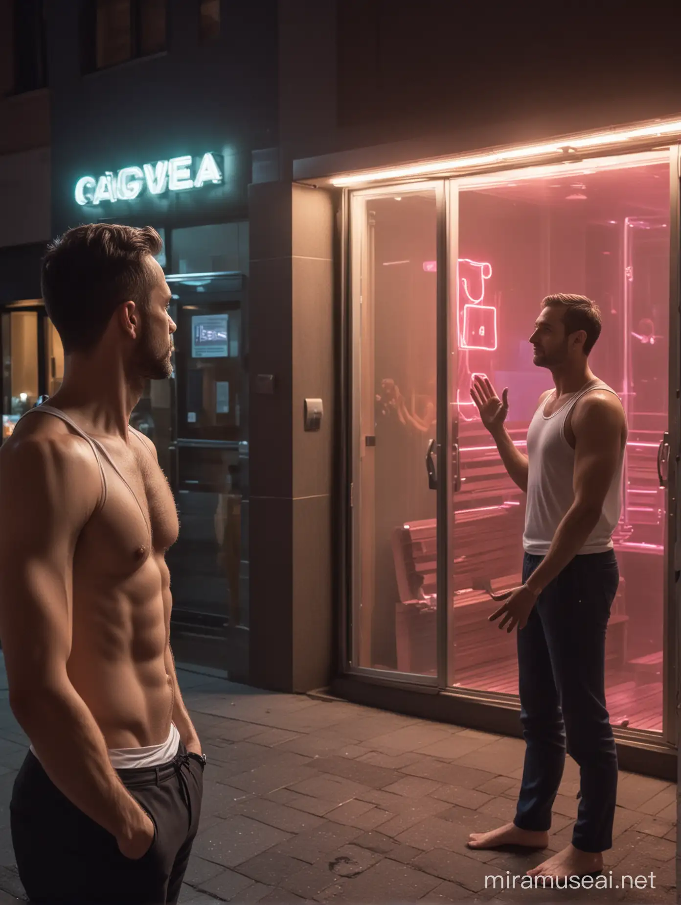 A businessman in his thirties facing a gay sauna with neon signs in a street at night, besides him a guy in his 30s in a mesh tanktop also looks at the building. They have their hands stretched towards each other, but they don't touch