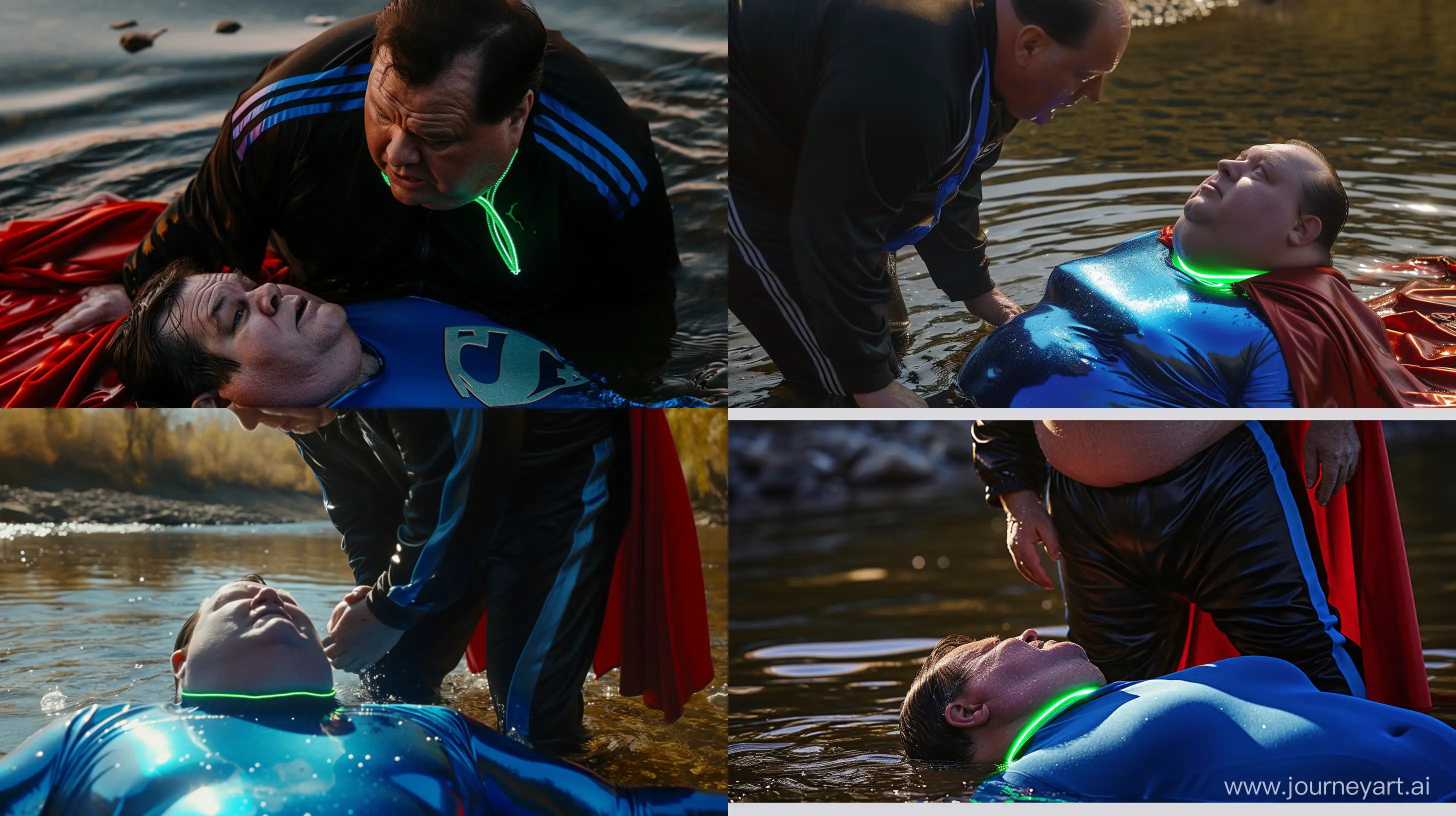 Close-up photo of a fat man aged 60 wearing a silk tight black tracksuit with a royal blue stripe on the pants. He is looking down on a fat man aged 60 wearing a tight blue 1978 smooth superman costume with a red cape and a tight green glowing neon dog collar on the neck lying in the water. Natural Light. River. --style raw --ar 16:9