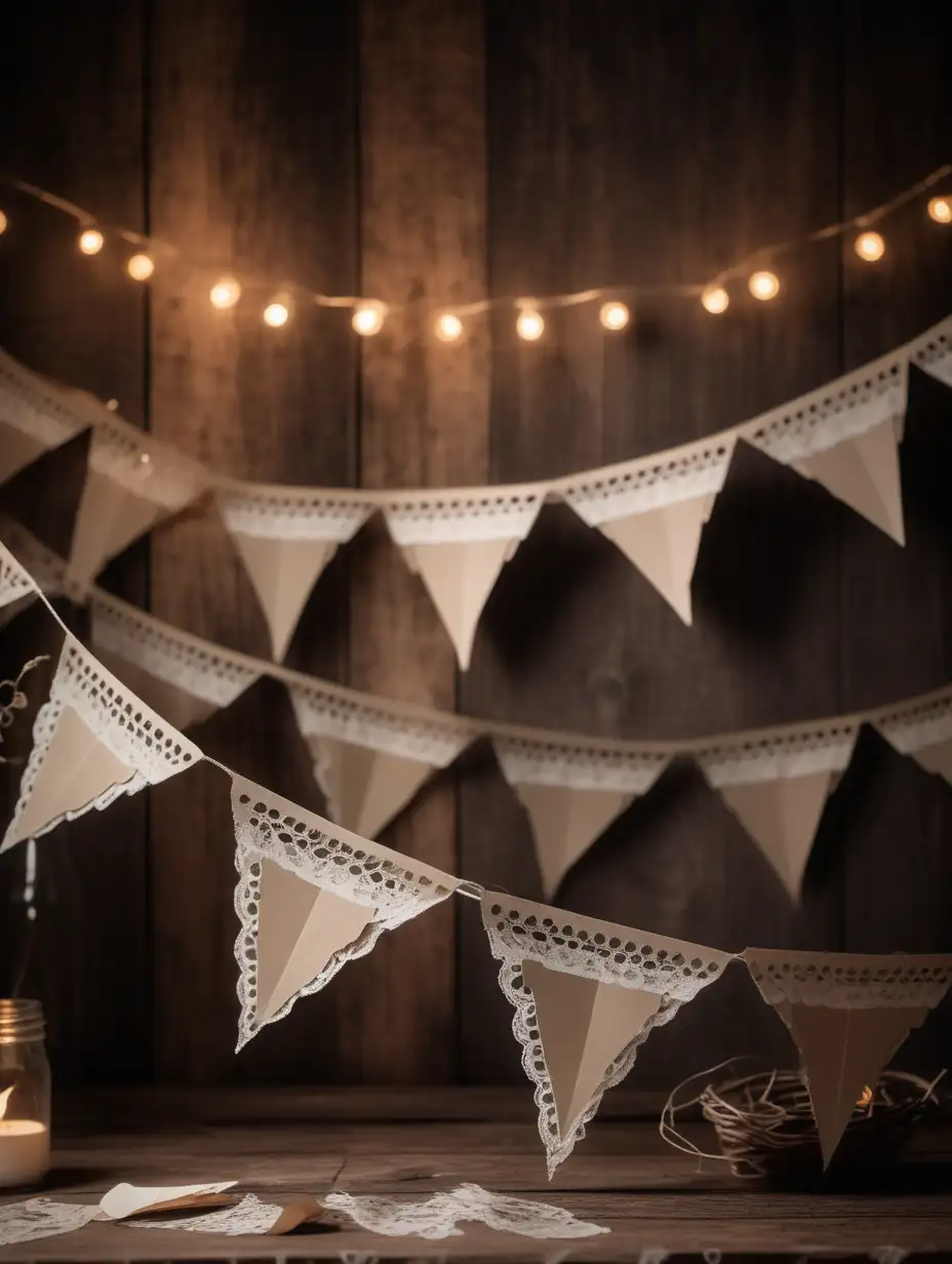 rustic neutral bunting with paper and lace laid out messily on a wooden table, moody ambient lighting, artistic angle
