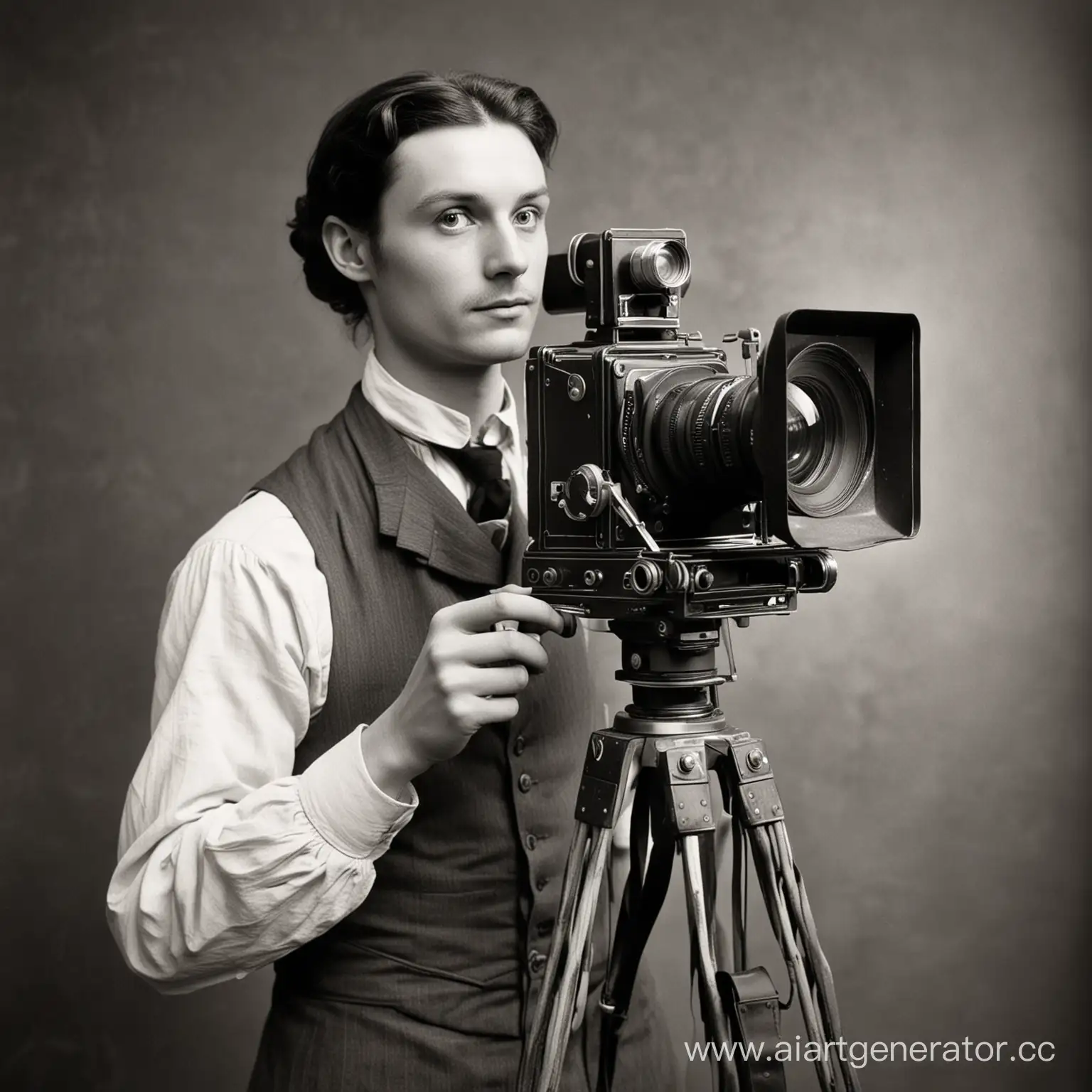 Человек с видеокамерой в девятнадцатом веке. Стиль: чёрно-белое фото.