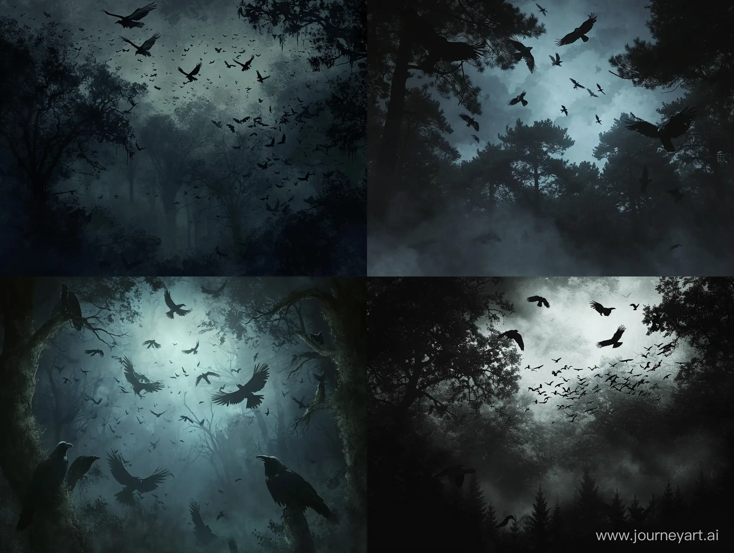Атмосферная чаща тёмного леса, в небе кружат стаи воронов