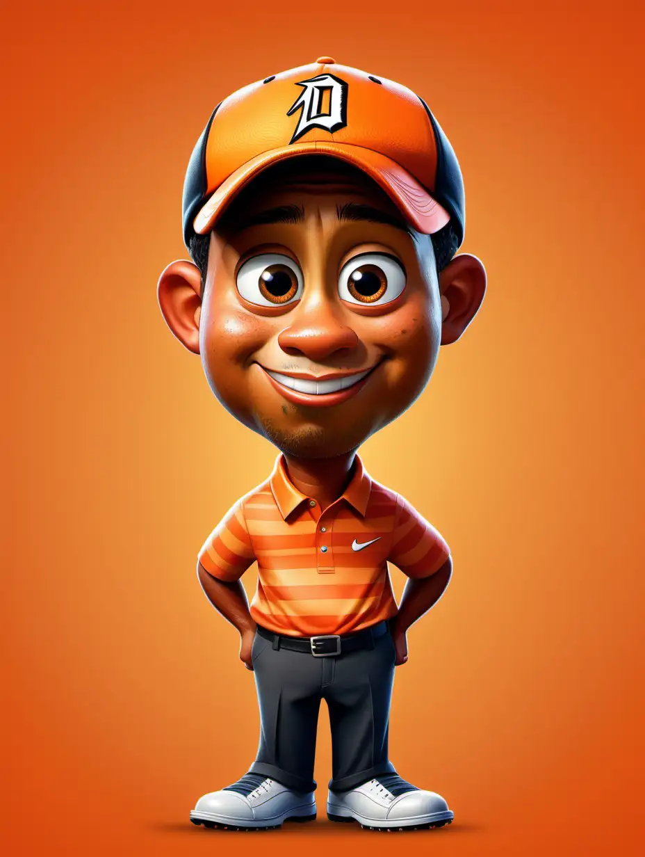 Tiger Woods Pixar and Disney Style Cartoon, Hat, Big Head, Short limbs, Orange Background. White border. Full Body