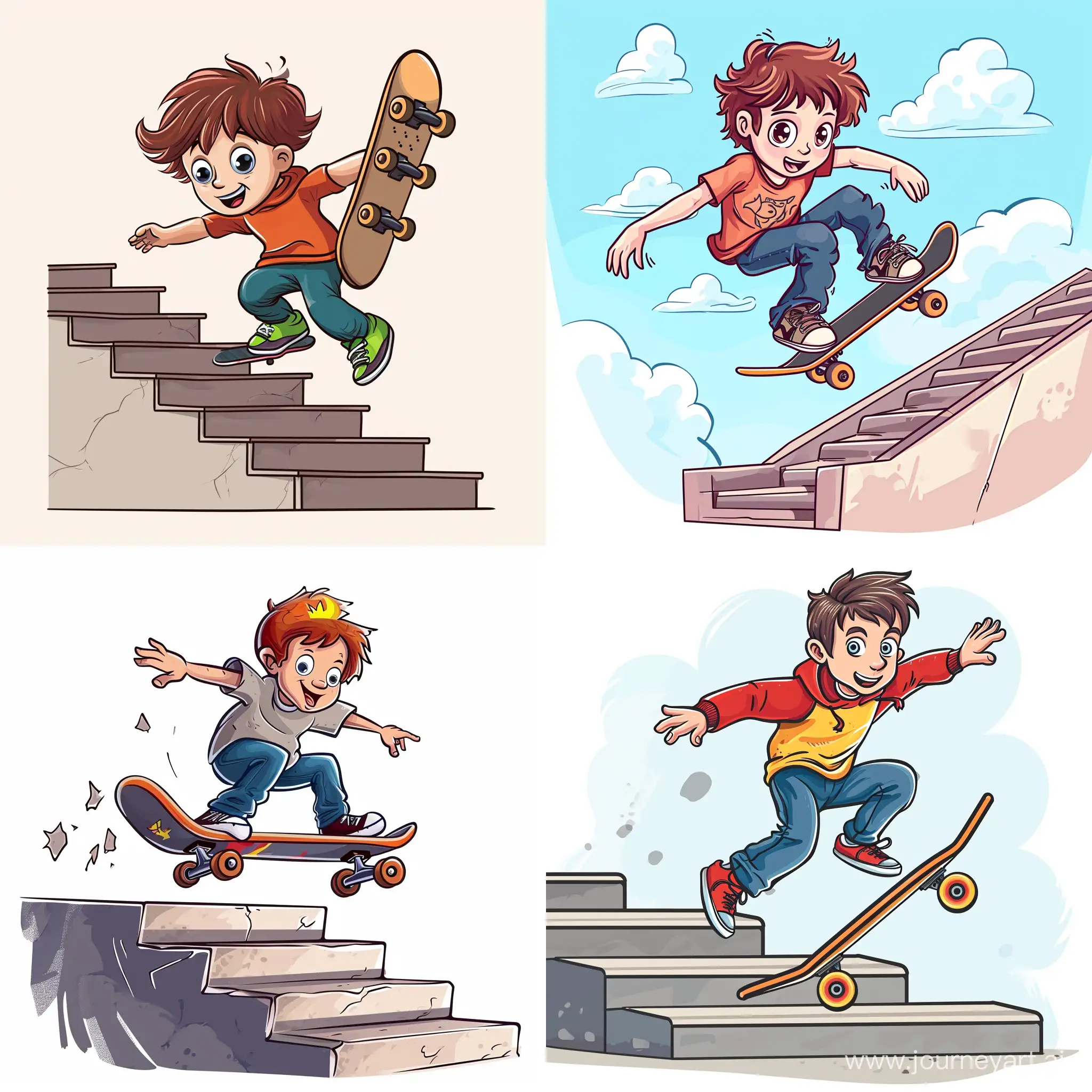 boy jumping from the stairs with a skateboard, in cartoon style