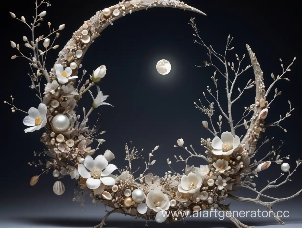 Убывающая луна, полная луна и растущая луна сделанные из веток и нежных цветов, украшенные жемчугом, ракушками и росой