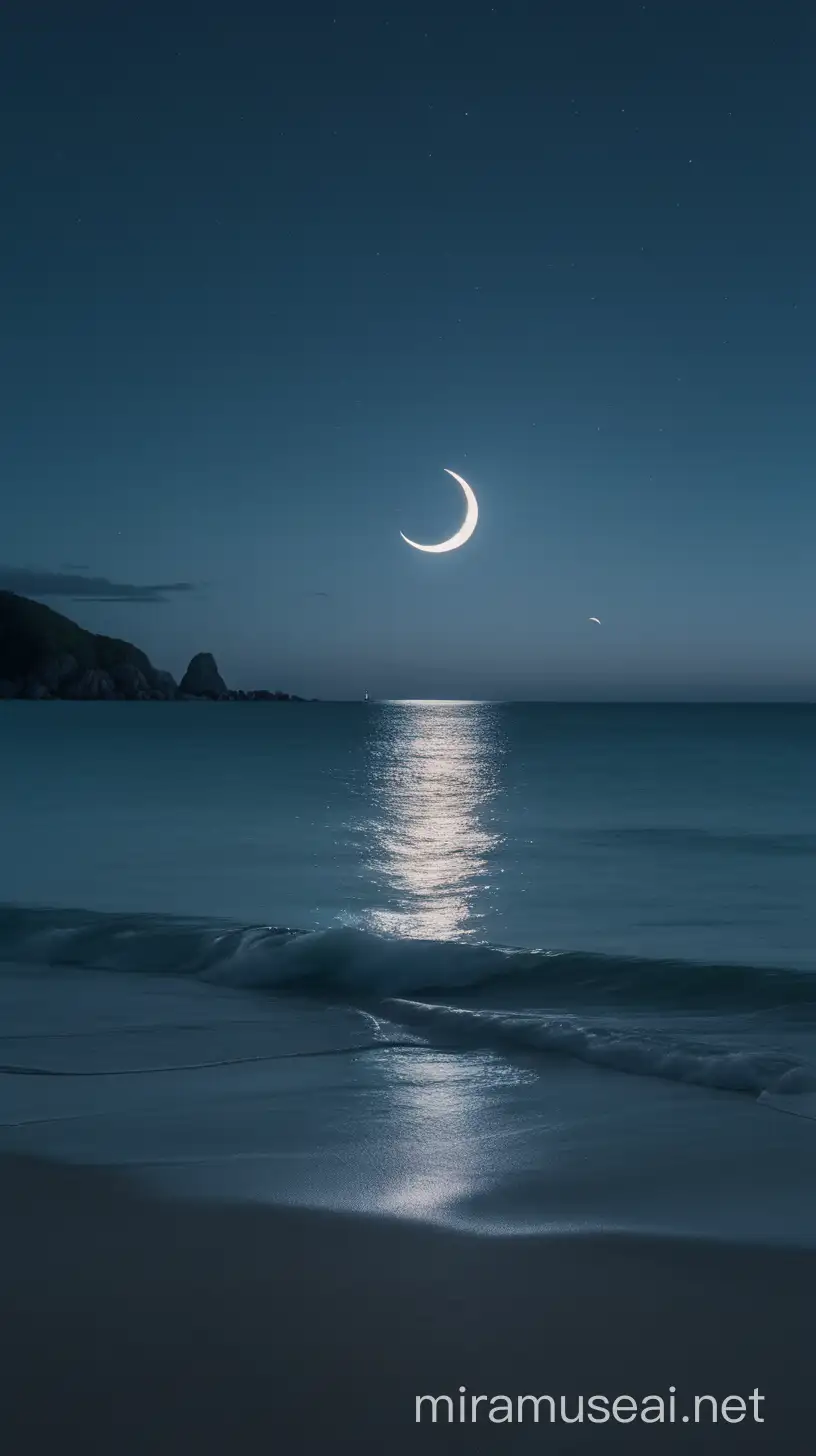 Studio Ghibli, An 8k minimalist composition of a calm ocean at night, gentle waves lapping on the shore with a crescent moon reflected in the water. Long exposure, soft lighting