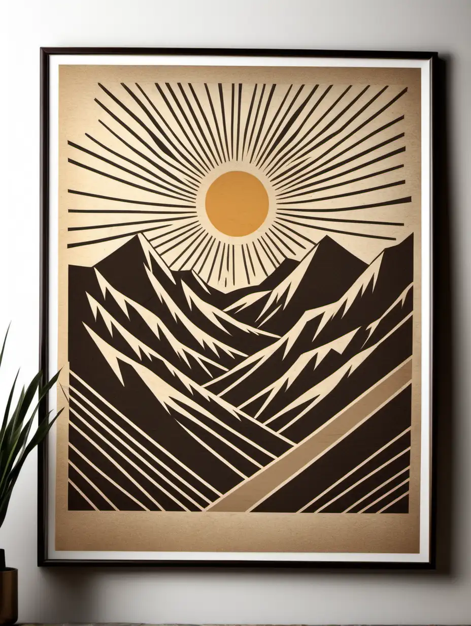 Minimalist Mountain Abstract Art Print Geometric Sun Linocut Inspired Vintage Poster