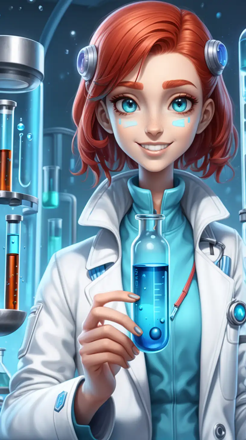 dentro de um laboratorio futurista com temas em azul , crie uma mulher avatar feliz, rosto aredondado com jaleco branco e cabelos Ruivos, seus olhos são castanhos e segurando um tubo de ensaio com liguido azul, 