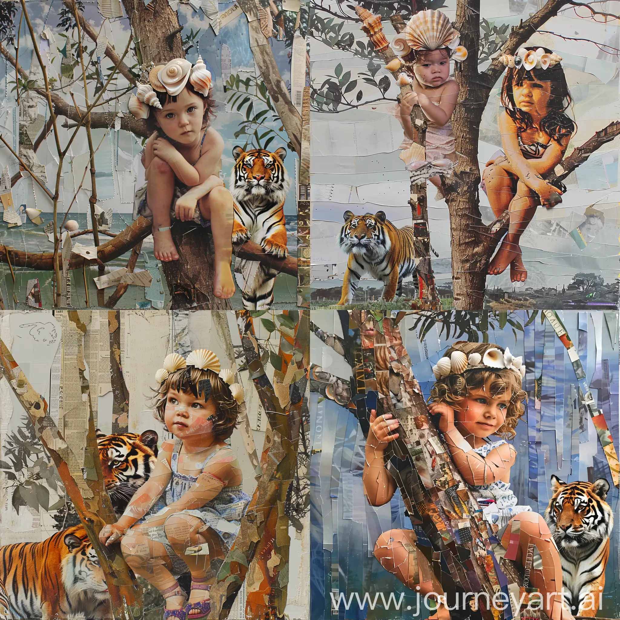 a little girl with shell crown, sitting on a tall gum tree branch, with a tiger behind, magazine paper collage