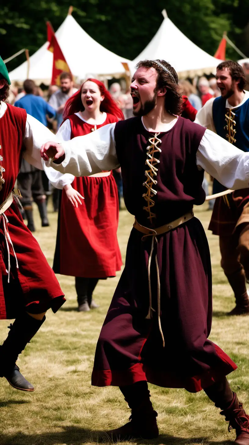 A dramatic reenactment of a medieval Welsh festival, with people dancing and celebrating, some bearing the name Davis, highlighting the cultural backdrop of the surname.
