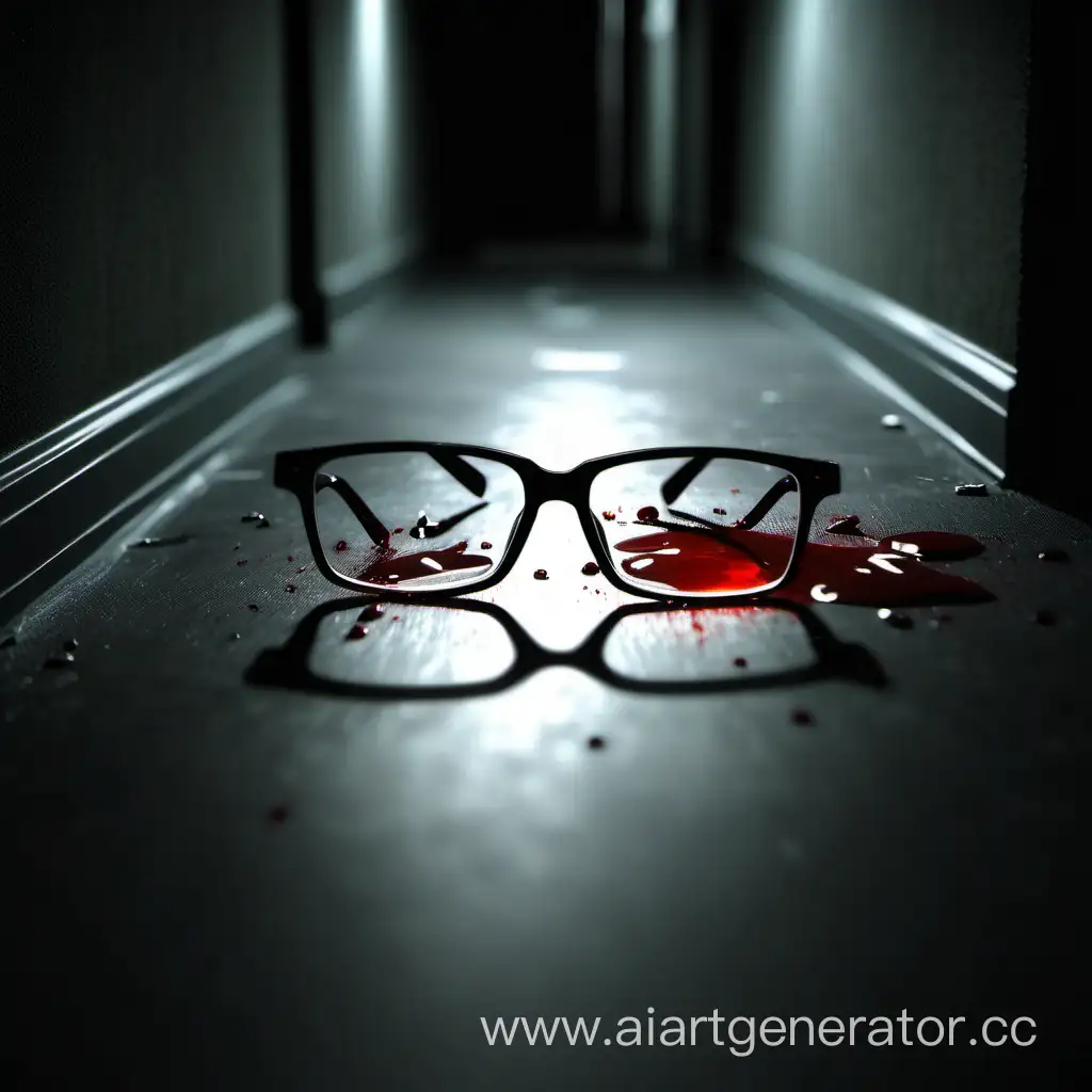 Очки с кровью лежащие на полу в темном коридоре с выключенном светом очень реалистично