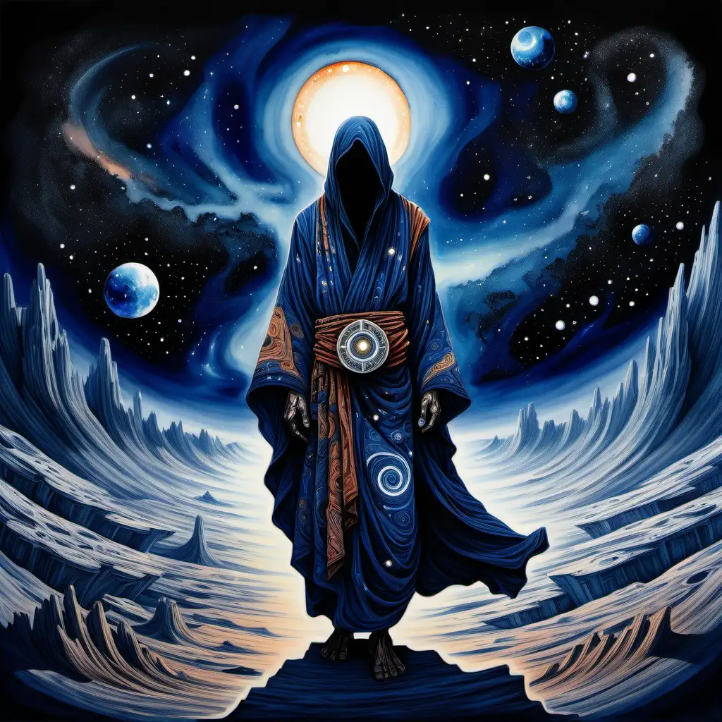 In the midst of a desolate galactic void, a foreboding figure emerges, an ominous ornamental galactic nomad portrayed in a mesmerizing watercolor painting. The image expertly captures the unsettling essence of this cosmic wanderer, with its ethereal brushstrokes intricately portraying the nomad's flowing robes adorned with mysterious symbols, their deep sapphire hue contrasting with the vast expanse of darkness that surrounds them. The nomad's face remains shadowed, instilling a sense of enigmatic intrigue, while their outstretched hand reaches towards the uncharted universe. This captivating artwork invites viewers to ponder the nomad's purpose and existence, leaving them captivated by the artist's skill in conveying a sense of cosmic foreboding in this stunningly crafted piece.