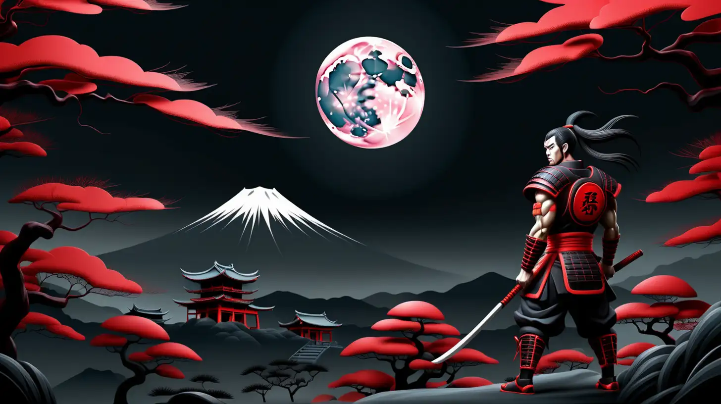 japanese landscape, warrior, moon, night time, dark theme. black and red colors