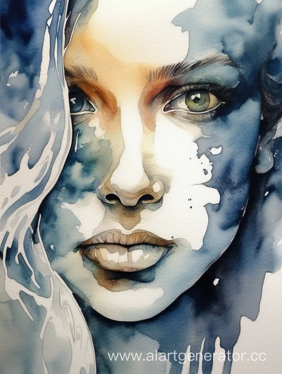 Enchanting-Watercolor-Landscape-Portrait-Woman-in-Profile-Gazing-Up