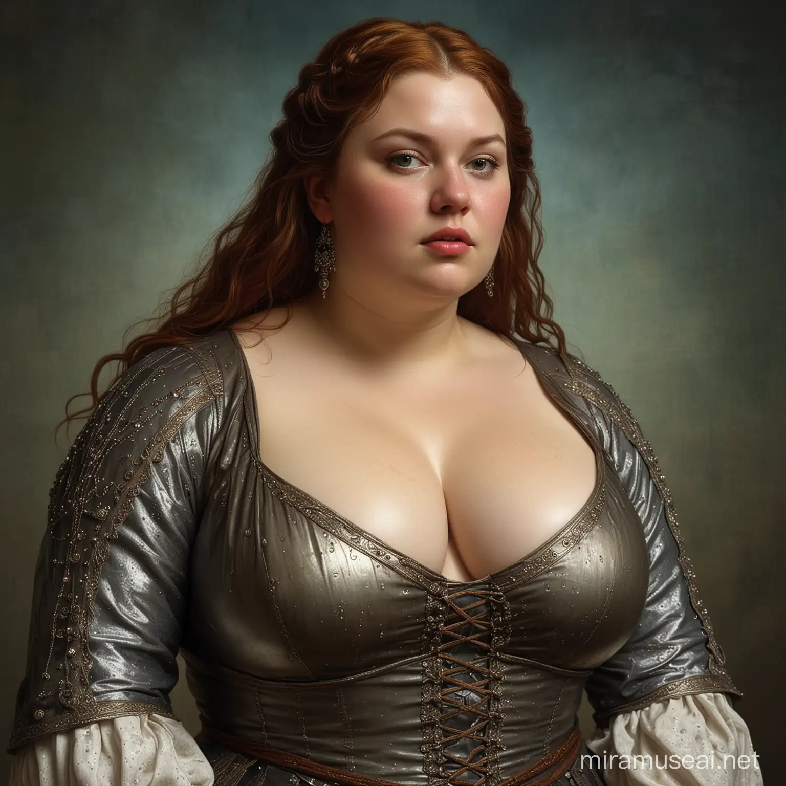 Ultrarealistic Wet Chubby Woman in Tight Medieval Dress Intricately Detailed Portrait in Vibrant Colors