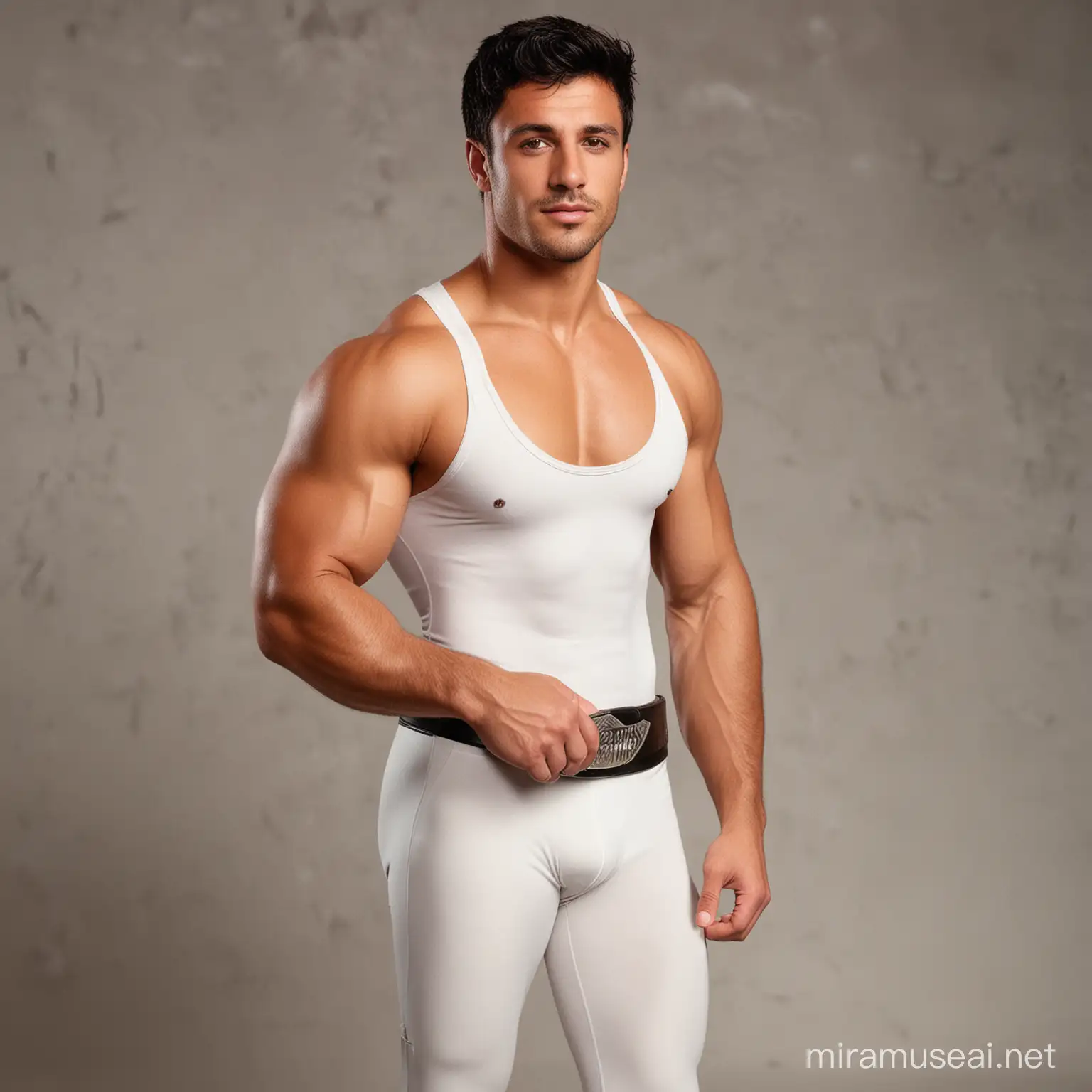 Autographed picture of handsome fit 27 year old Italian wrestler, with tan skin and short black hair, wearing long white spandex leggings; with championship belt, bare chest. 