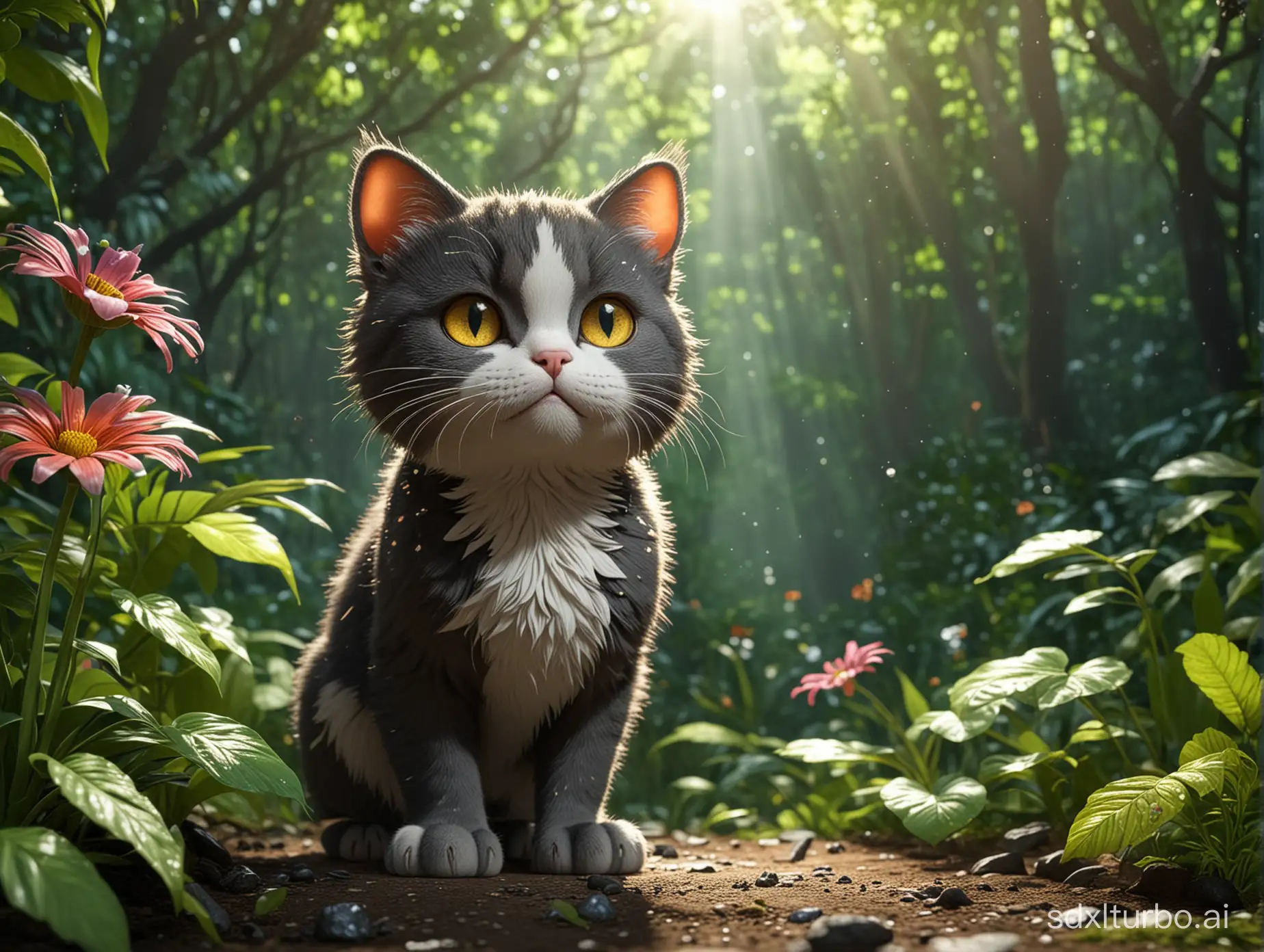 3D rendering, summer, a flower cat standing in the jungle, tears in its eyes, looking pitifully, (jungle background), small body, dappled sunlight, movie light and shadow, 3D rendering, summer, a flower cat standing in the jungle, tears in its eyes, looking pitifully, (jungle background), small body, dappled sunlight, movie light and shadow,