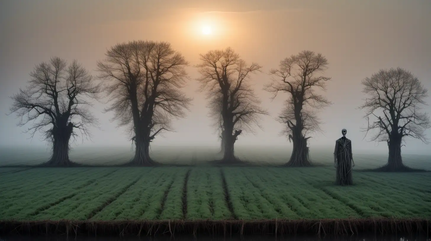 flat Lincolnshire fields in the misty dawn, in the fields are three large effigies made out of branches, spooky, realistic