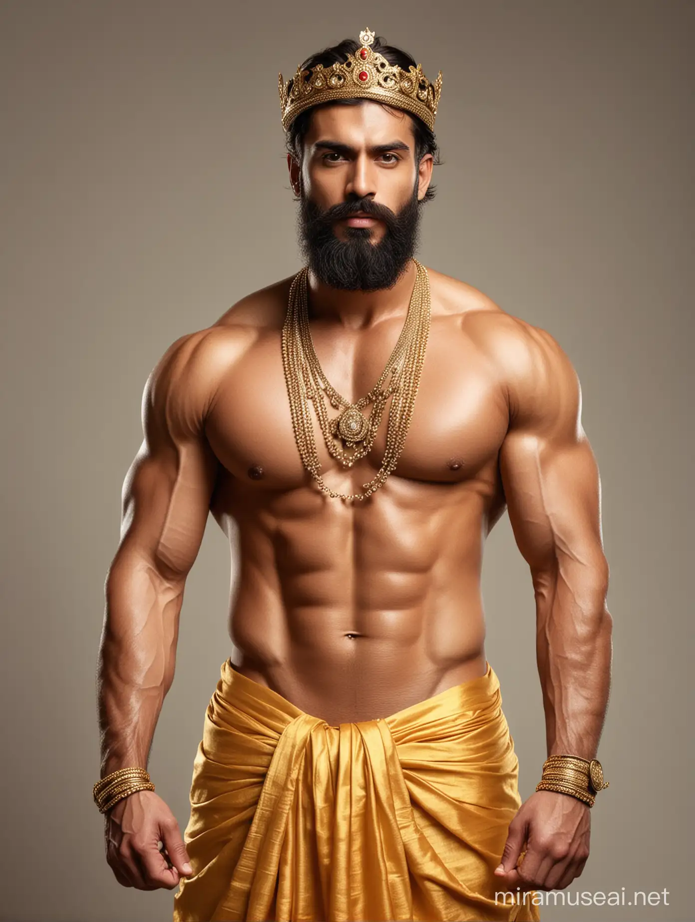 Tall and handsome muscular king with beautiful hairstyle and beard with attractive eyes and Big wide shoulder in golden dhoti with necklace and crown and showing his big biceps 