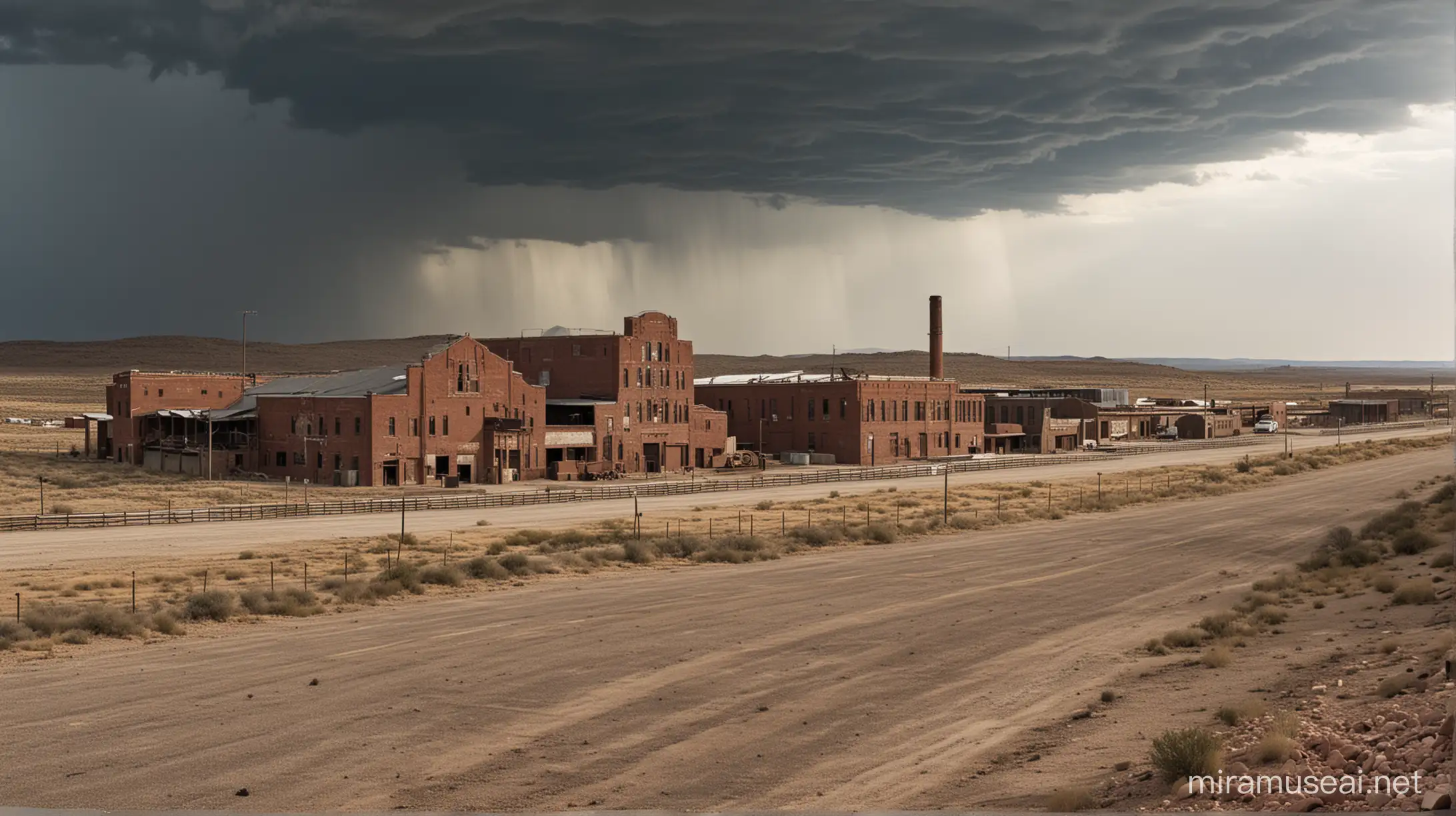 An old slaughterhouse and meatpacking company on the side of a dusty highway, a storm approaches in the distance