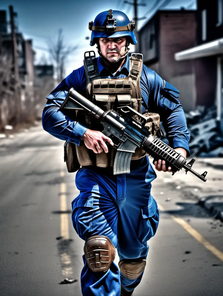 Muscular Canadian Soldier in Blue Combat Uniform with Machine Gun