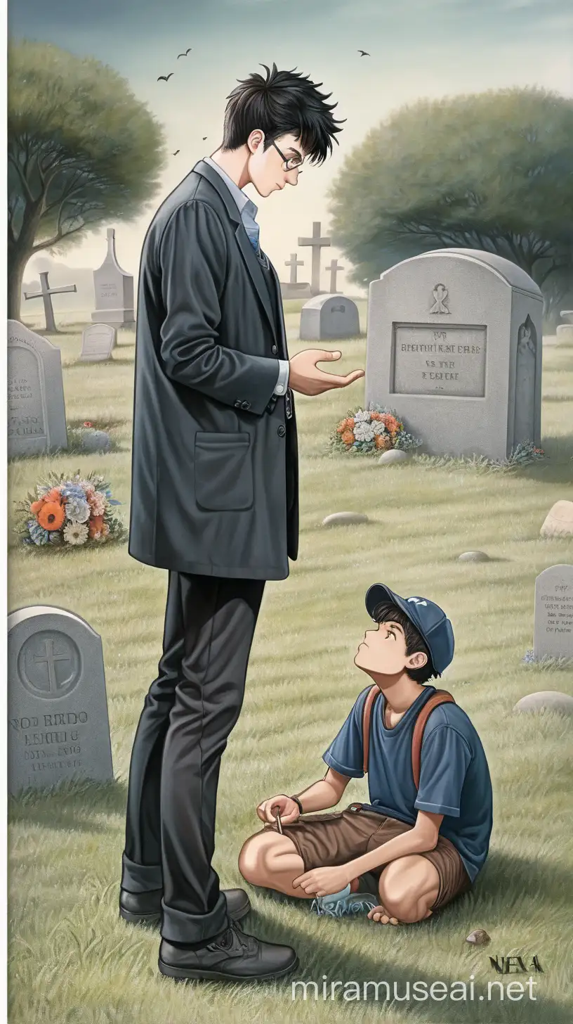 Young Man Reflecting with Boy Near Closed Grave