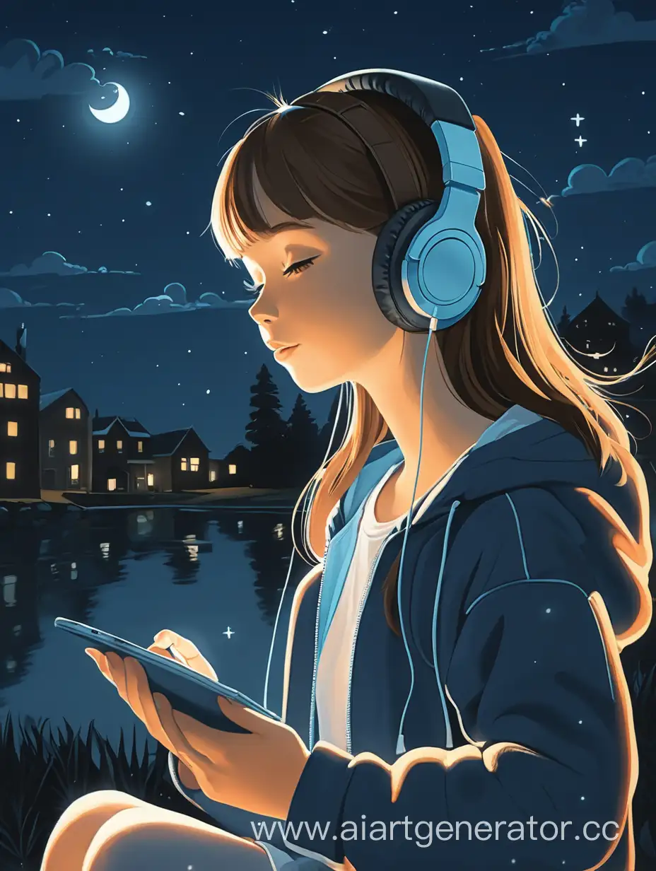 Девушка в наушниках ночью слушает музыку 
