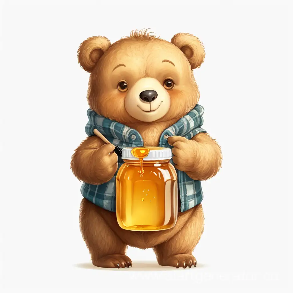 cute bear with a jar of honey in its hands on a white background