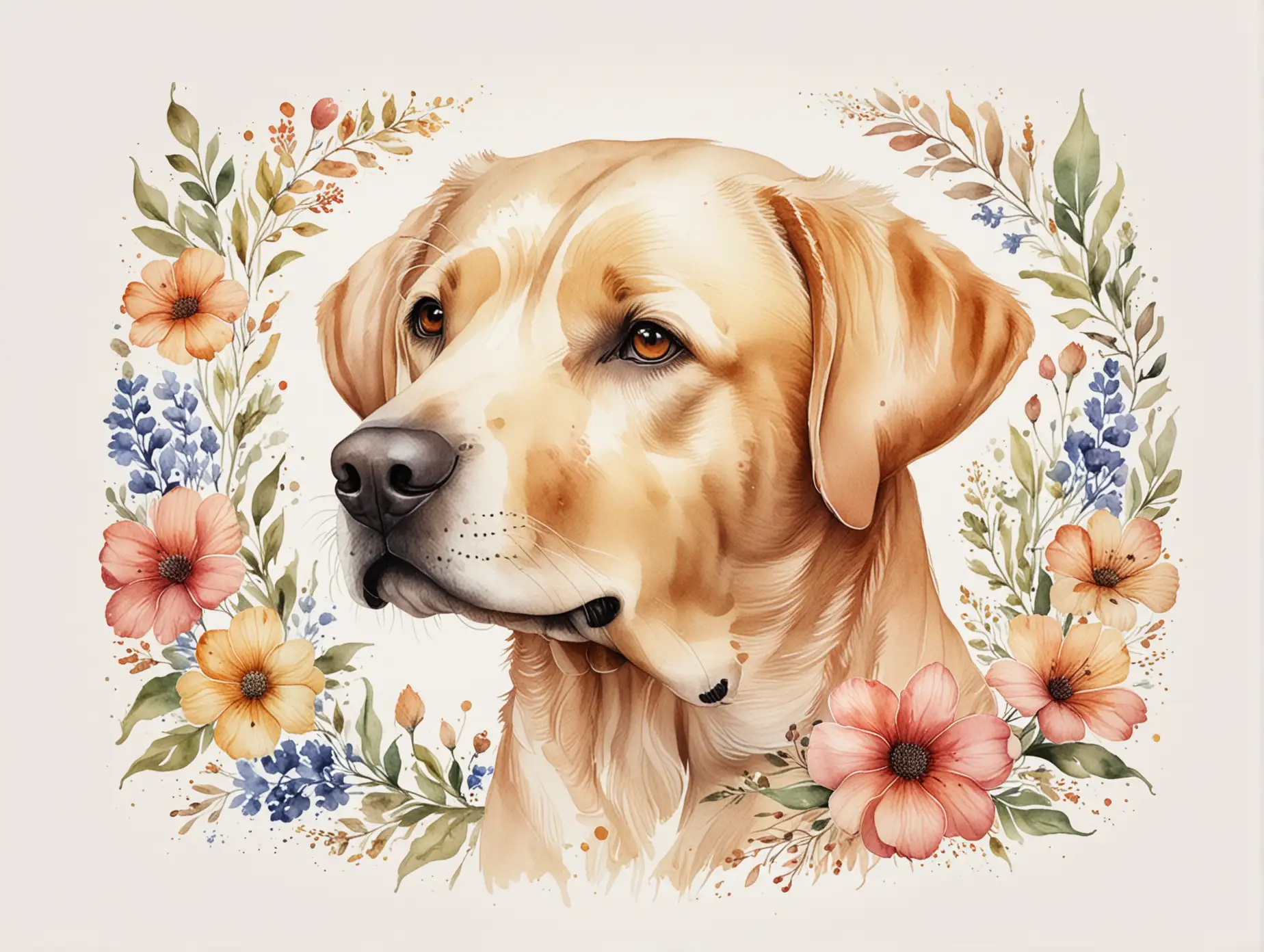 ink art styles of a beautiful labrador with a floral pattern skin in watercolors, white background