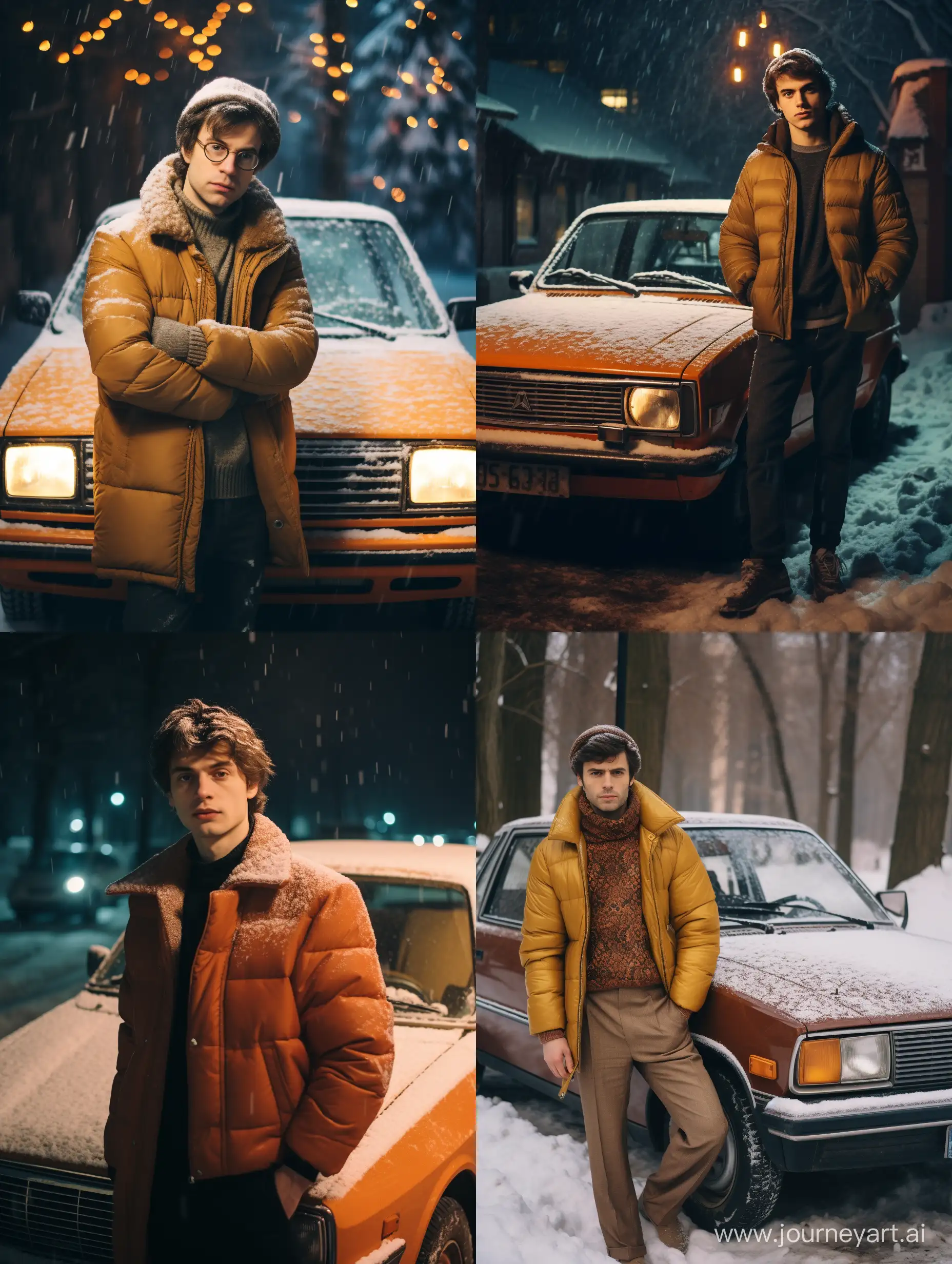 Stylish-Man-in-80s-and-90s-USSR-Winter-Scene-with-Retro-Lada