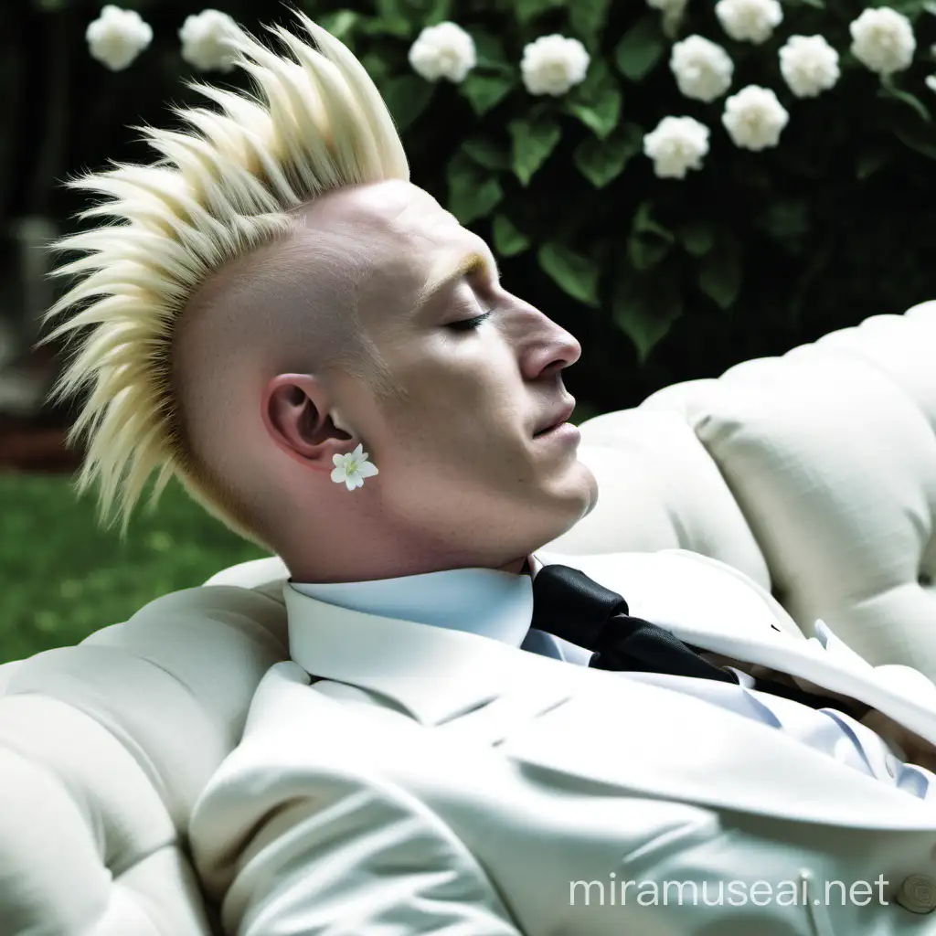a far sideview of bello nock, he is sleeping on a white sofa, the foreground is a garden of white flowers, the background is trees, he is wearing a suit and has no makeup on, he has a hooked nose, he has earrings, his hair is a mohawk with the sides shaved

