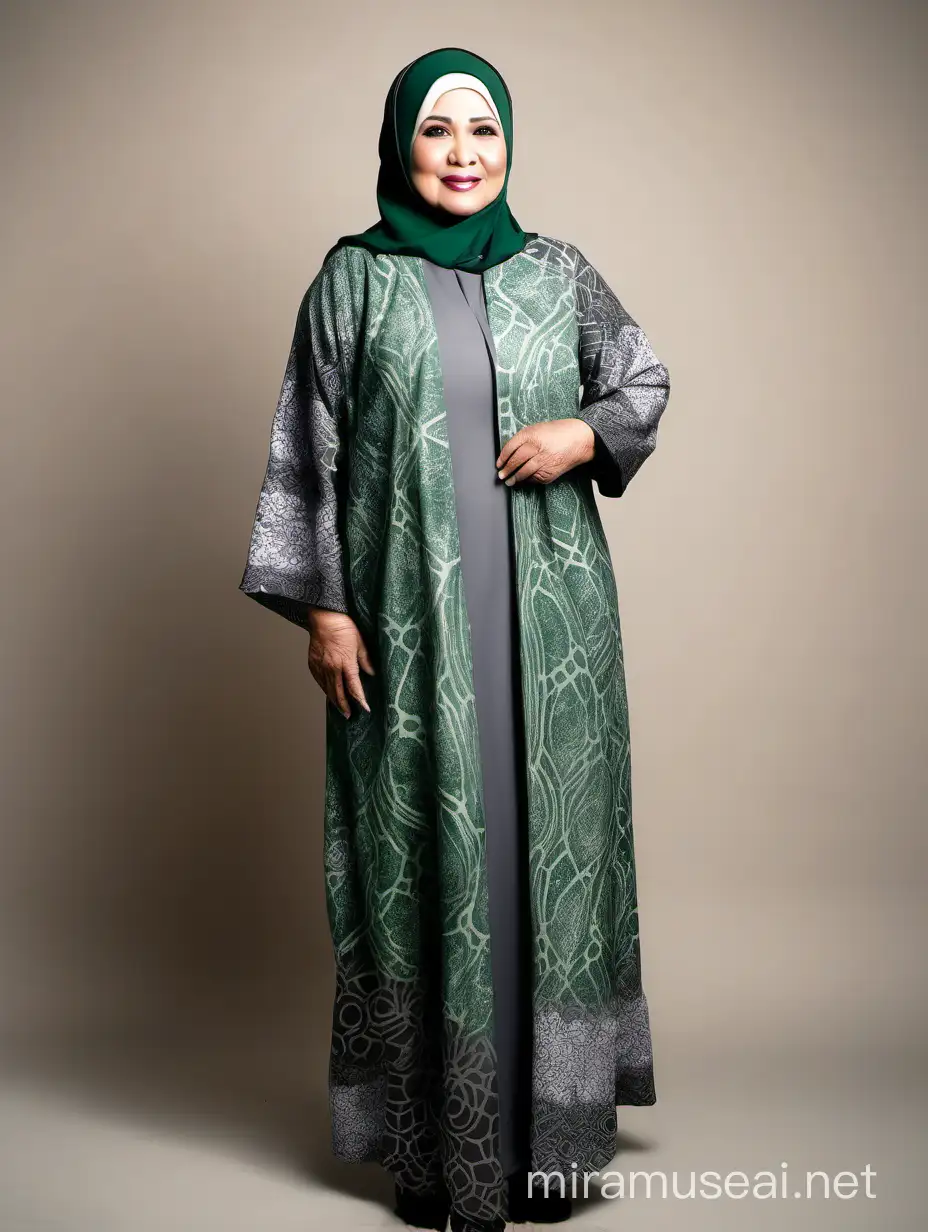 full body shoot photograph of indonesian 30 old slightly chubby woman wearing green grey fashionable batik abaya hijabi, greatest model in the Word