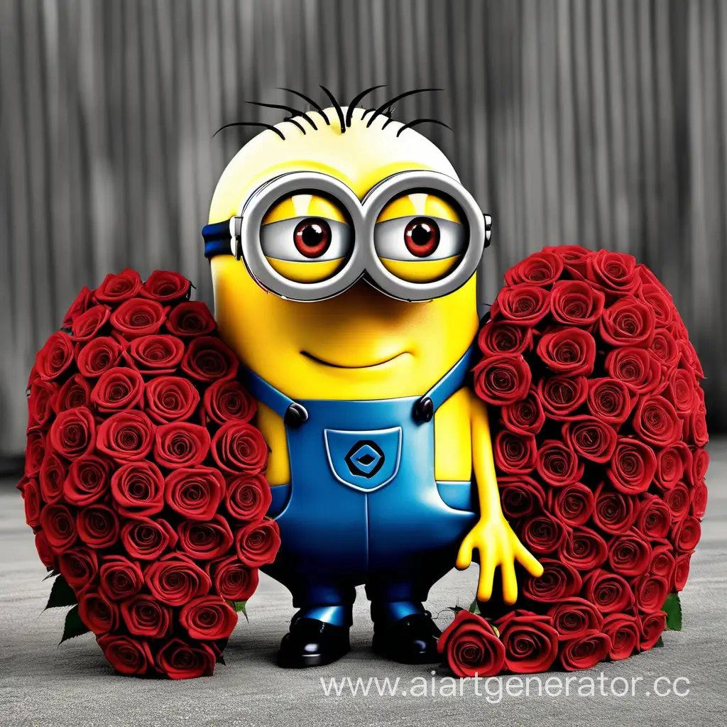 A minion with a bouquet of 101 roses.