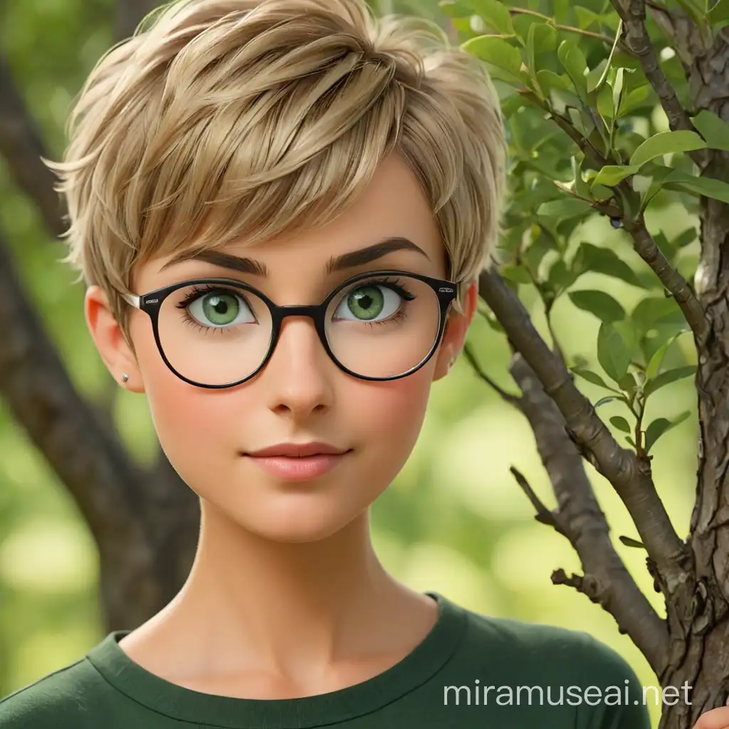 Short pixie hair, dark blonde, green eyes, glasses, oval face, holding tree
