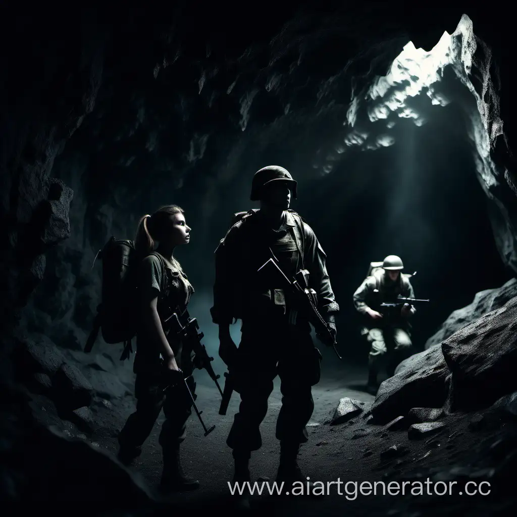 девушка солдат и парень в темной пещере ищут выход, мрачное окружение, страх, ужас, фотография, реалистичность, 4к