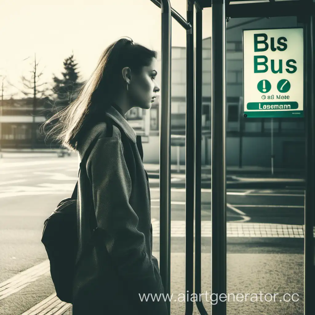 Молодая Женщина на автобусной остановке, подъезжает автобус 