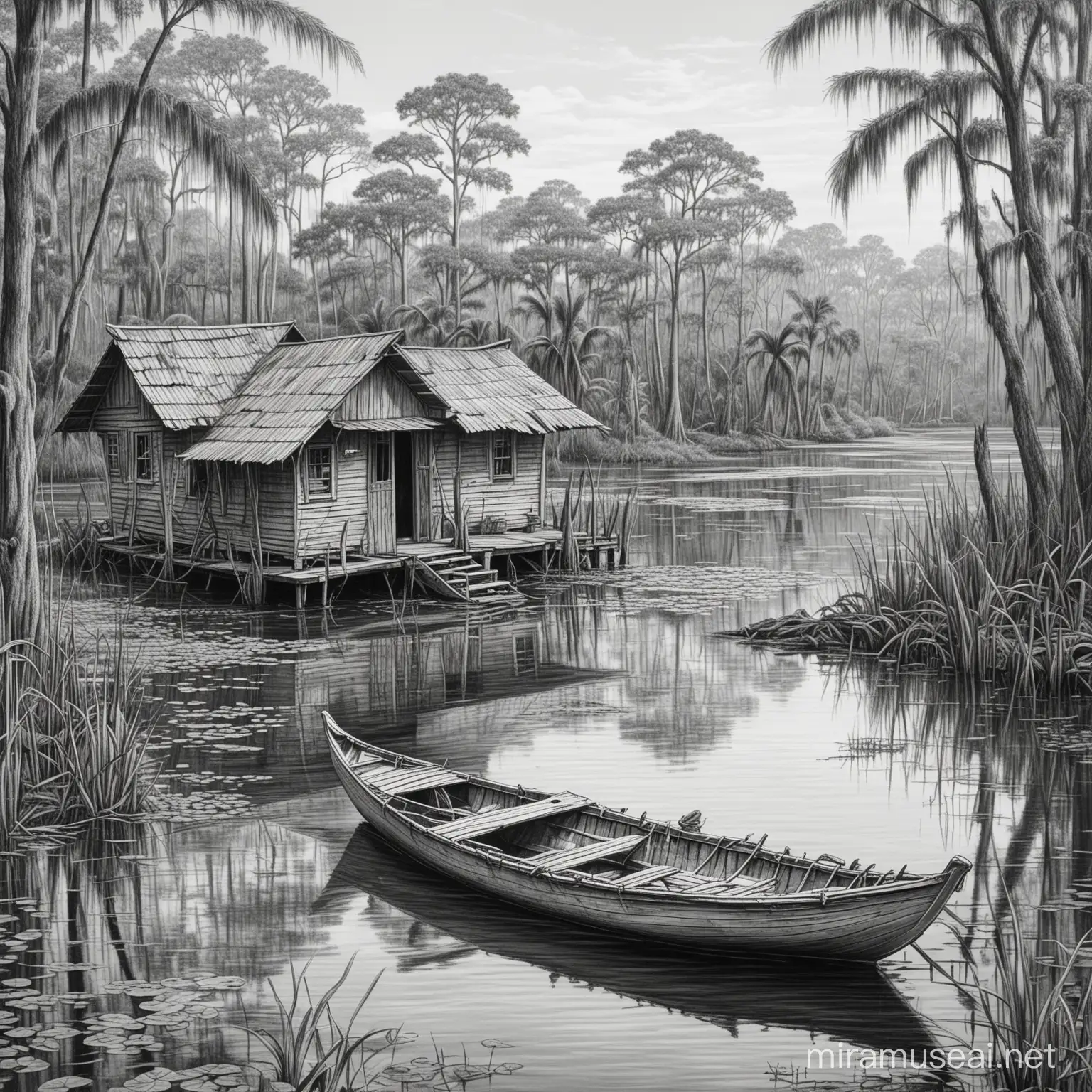 black and white line drawing of the Louisiana swamp with a pirogue, an alligator in the foreground, and an old cajun style shack in the background
