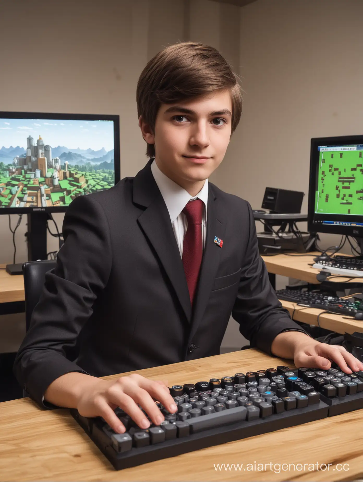 A young politician plays minecraft on powerful computers with the people