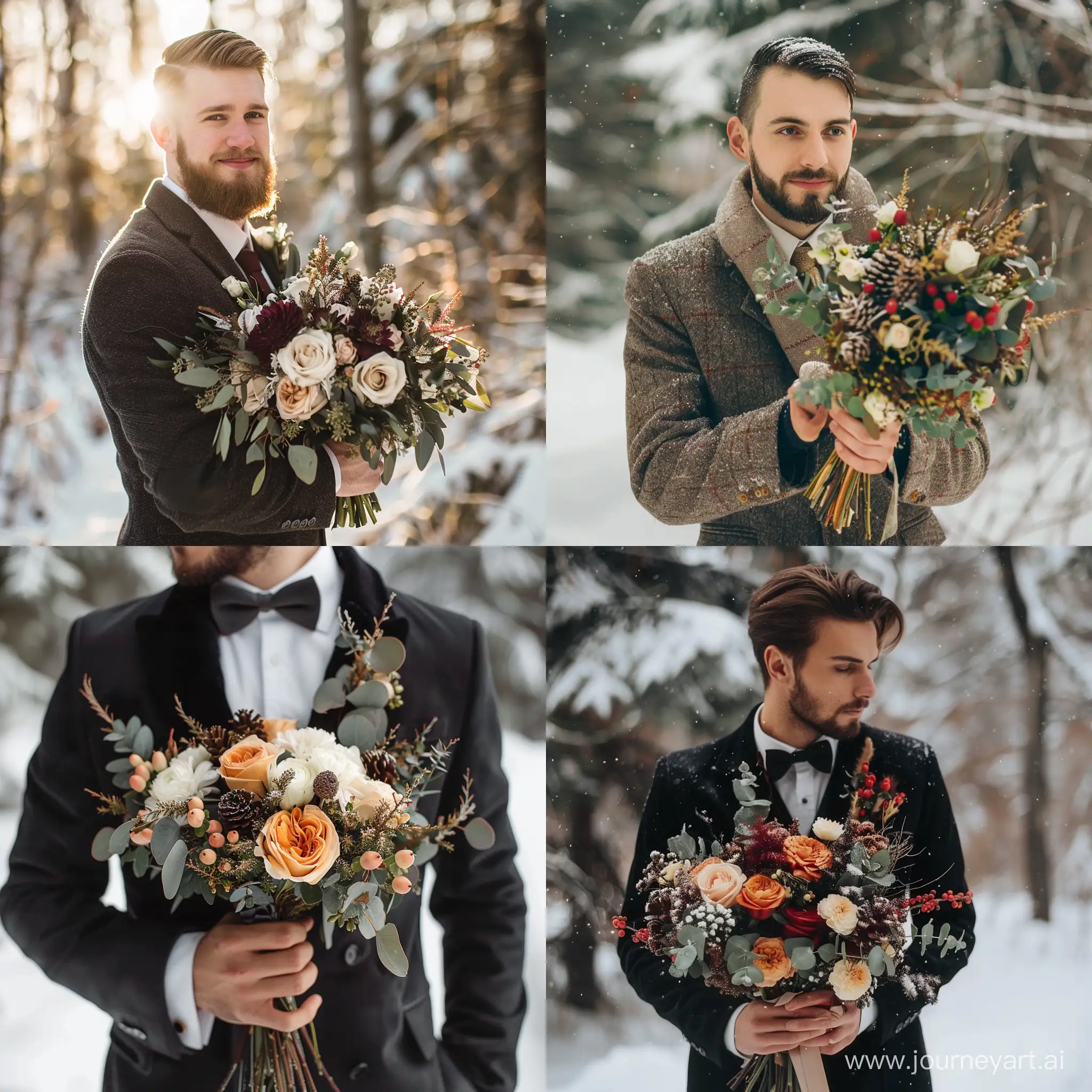 Winter-Groom-Holding-Bouquet-of-Flowers